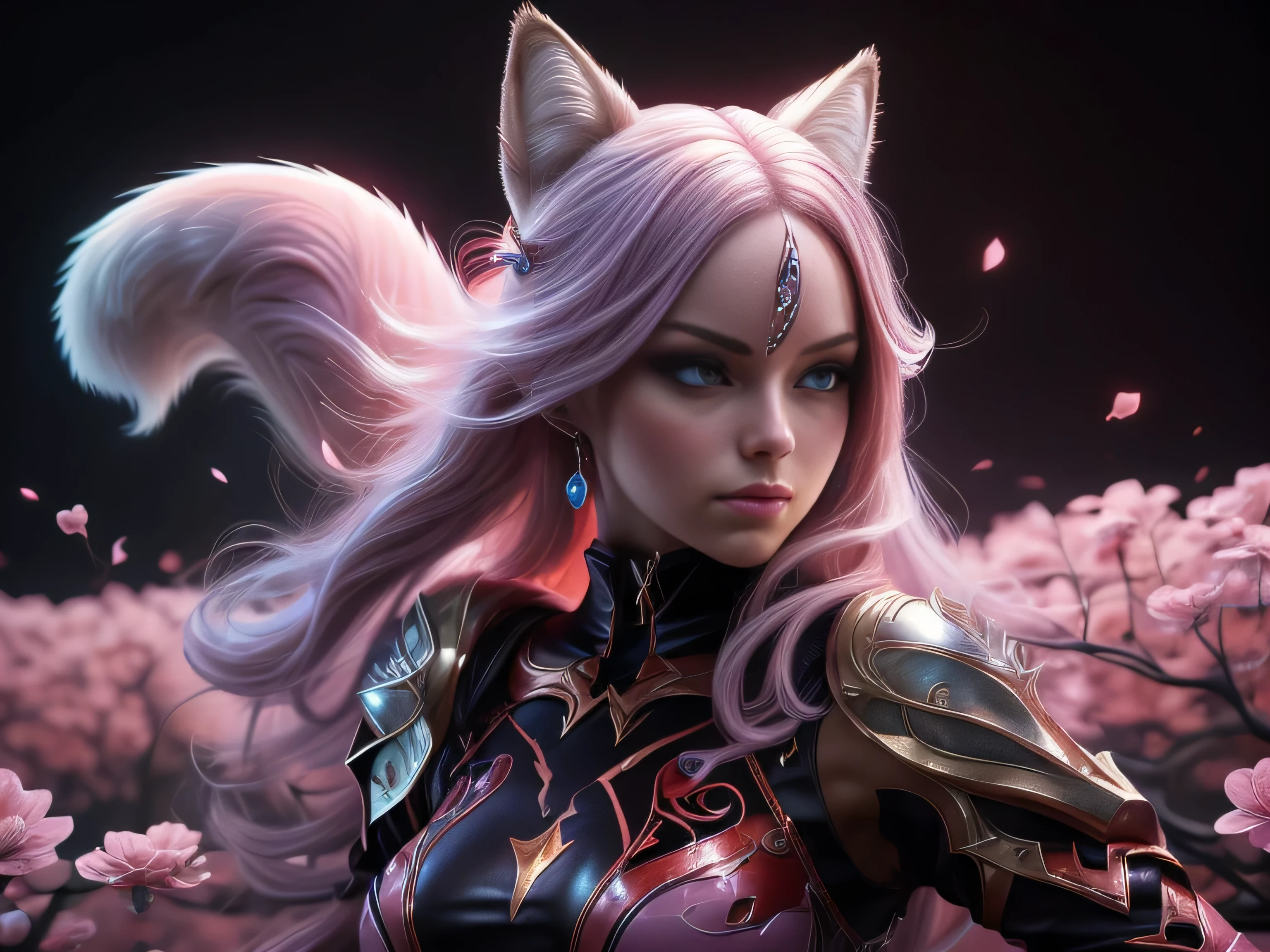 (Best Quality, 8K, Masterpiece, HDR, Soft Lighting, Picture Perfect, Realistic, Vivid), Nine tails of snow white fox(1.0), milk fox tail(1.0), nine tailed fox, anime girl with pink hair and pink, dressed in sexy leather suit, beautiful fantasy anime, very beautiful and cute fox girl, pink flower rain, background blur, anime fantasy, work in the style of Gouves, realistic:1.37, view from above, lies in pink flowers, horizontal view, (ultra high quality fantasy art), masterpiece, male model, ultra high quality female character designs, anime art with 8k development, realistic anime art, highest quality wallpaper illustrations, complex ultra high quality accurate female characters faces, high quality design and accurate physics (super-quality fantasy style)), art, dark fantasy)) Style), masterpieces, super-quality characters, anime resolution - 8K, realistic anime art, wallpapers with the highest quality illustrations, ultra-high detail of faces, high-quality design and physics accuracy), color, depth of field, shadows, ray tracing, production of high-quality computer wallpapers and 8K resolution, (Accurate simulation of the interaction of light and materials)], [High-quality detailed hair [More about beautiful and shiny red hair]], (Beautifully detailed hands [perfect fingers [Perfect nails]], (perfect anatomy (perfect proportions)))) [[Full length]], [Perfect color combination (Accurate imitation of the interaction of light and material)], [art that conveys the meaning of the story ]