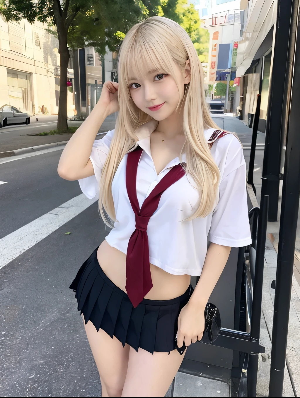 ( Masterpiece, highest quality), 98k, ((Perfect Anatomy:1.3)),Beautiful Japanese Women, Succubus,alone, 18-year-old, Small face,Cute face:1.2,Smiling, Larger breasts, ,Beautifully detailed round eyes, Evenly spaced eyes 1.2, Long platinum blonde hair,Random Hair, (Highly detailed face and skin texture), Beautiful face in golden proportions,White skin,Accentuate your beautiful legs,(Revealing student uniforms:1.2),Random sexy poses, Sunny day,(Standing like a model:1.3)
