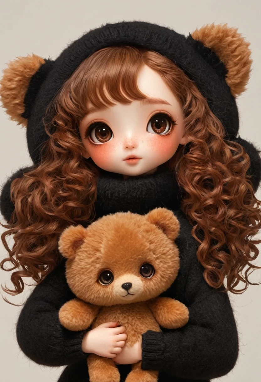 (masterpiece, best quality:1.2), (((1 Girl，Brown big eyes，Red face，brown curly long hair，whole body，shoe，sock，3D，Black furry sweater，)))Hugging a teddy bear，