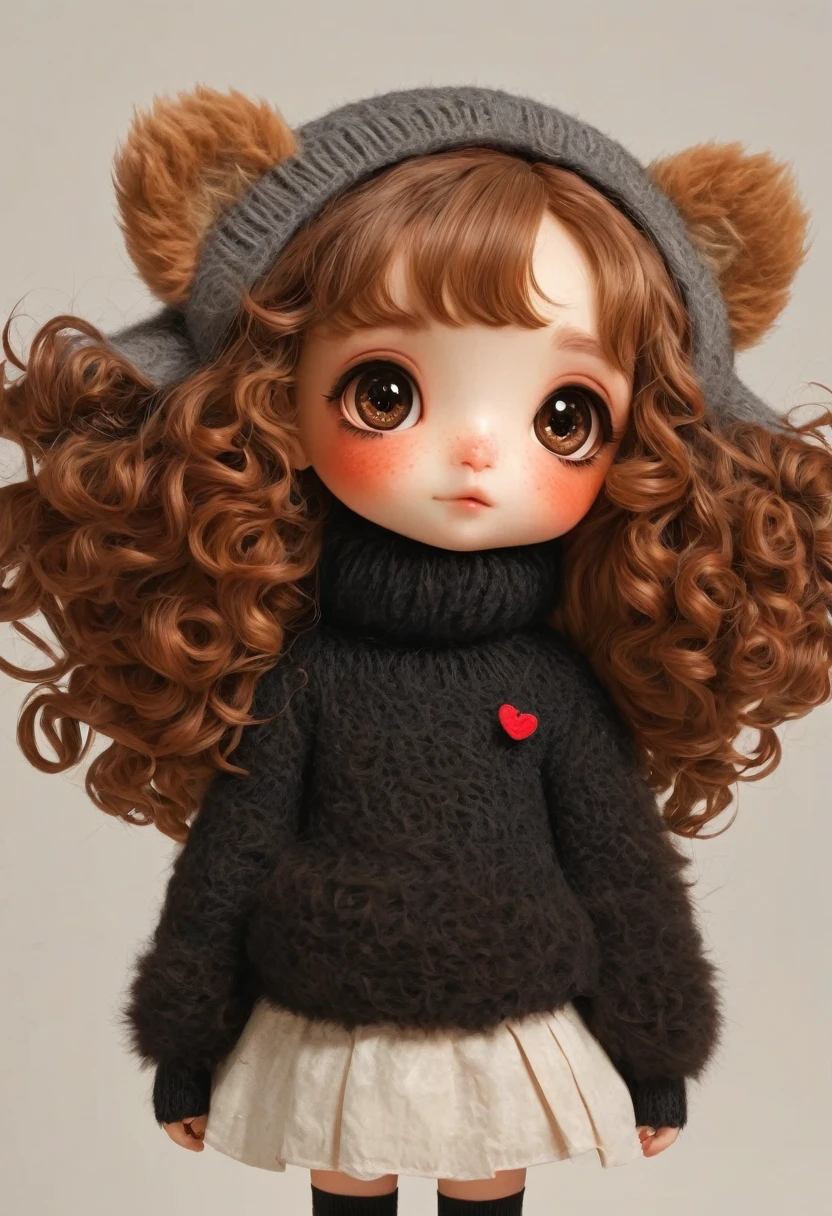 (masterpiece, best quality:1.2), (((1 Girl，Brown big eyes，Red face，brown curly long hair，whole body，shoe，sock，3D，Black furry sweater，)))Hugging a teddy bear，