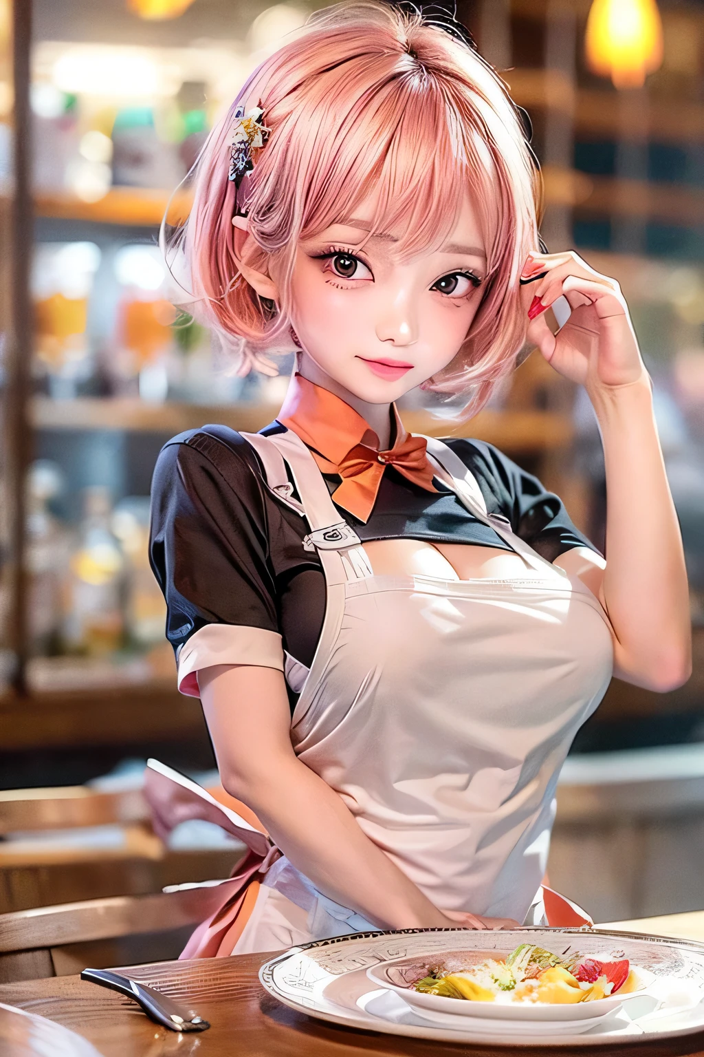 (breast focus:1.3), masterpiece, 1 Beautiful girl, Fine grain, highest quality, Ultra High resolution, (reality: 1.4), Cinema Lighting, Beautiful Skin, (Ultra-realistic), (High resolution), (8k), (Very detailed), ( Best illustrations), Pouting slightly, (Crystal colorful lights), Extremely refined and beautiful, beautiful detailed eyes, Round eyes, detailed facial features, (Round pupils:1.4), (alluring face), Glistening Lips, smile, (medium breasts:1.3), Open lips, (Beautiful and detailed face, Beautiful and delicate eyes), pink cheek, mascara, pink hair, short hair, (waitress, apron, orange skirt, (white shirt:1.05), thighhighs:1.1), (cleavage:1.3), dynamic pose,