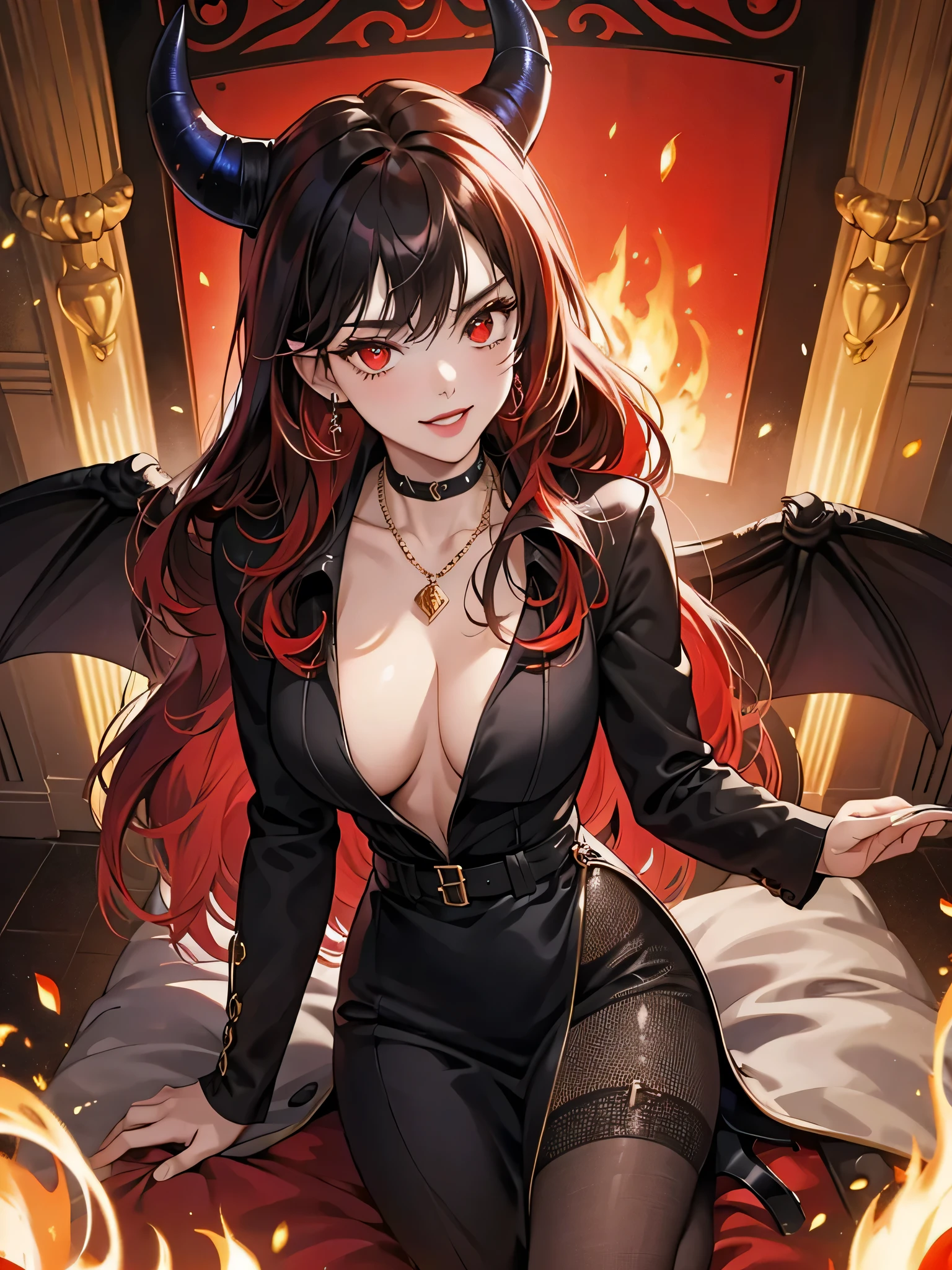 8k, masterpiece, best quality, highly detailed, 1girl, demon girl, Fierna, multicolored hair, long straight hair red highlight hair on black hair, strippled hair, red lipsticks , earrings, necklace, glowing red eyes, glamorous, high heels, palace, roses, black and gold leather suit, villainy, smirk, seductive pose, close up view, rings, looking at viewer, demon horns, standing, vintage, reddish skin, demon tail, demon wing. Fiery, hells, throne room.