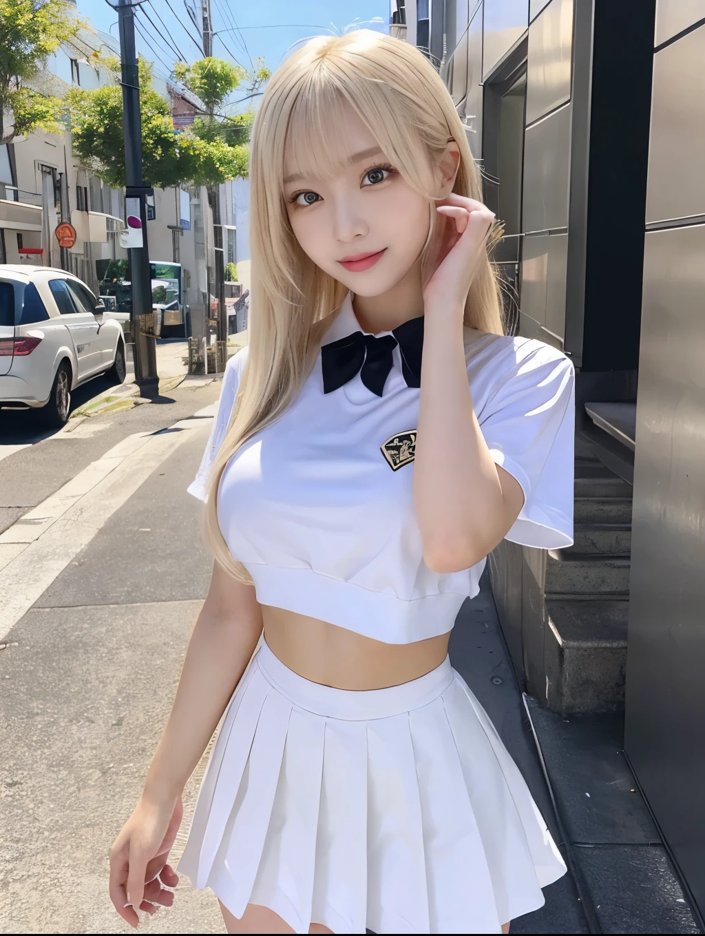 ( Masterpiece, highest quality), 98k, ((Perfect Anatomy:1.3)),Beautiful Japanese Women, Succubus,alone, 18-year-old, Small face,Cute face:1.2,Smiling, Larger breasts, ,Beautifully detailed round eyes, Evenly spaced eyes 1.2, Long platinum blonde hair,Random Hair, (Highly detailed face and skin texture), Beautiful face in golden proportions,White skin,Accentuate your beautiful legs,(Revealing student uniforms:1.2),Random sexy poses, Sunny day,(Standing like a model:1.3)