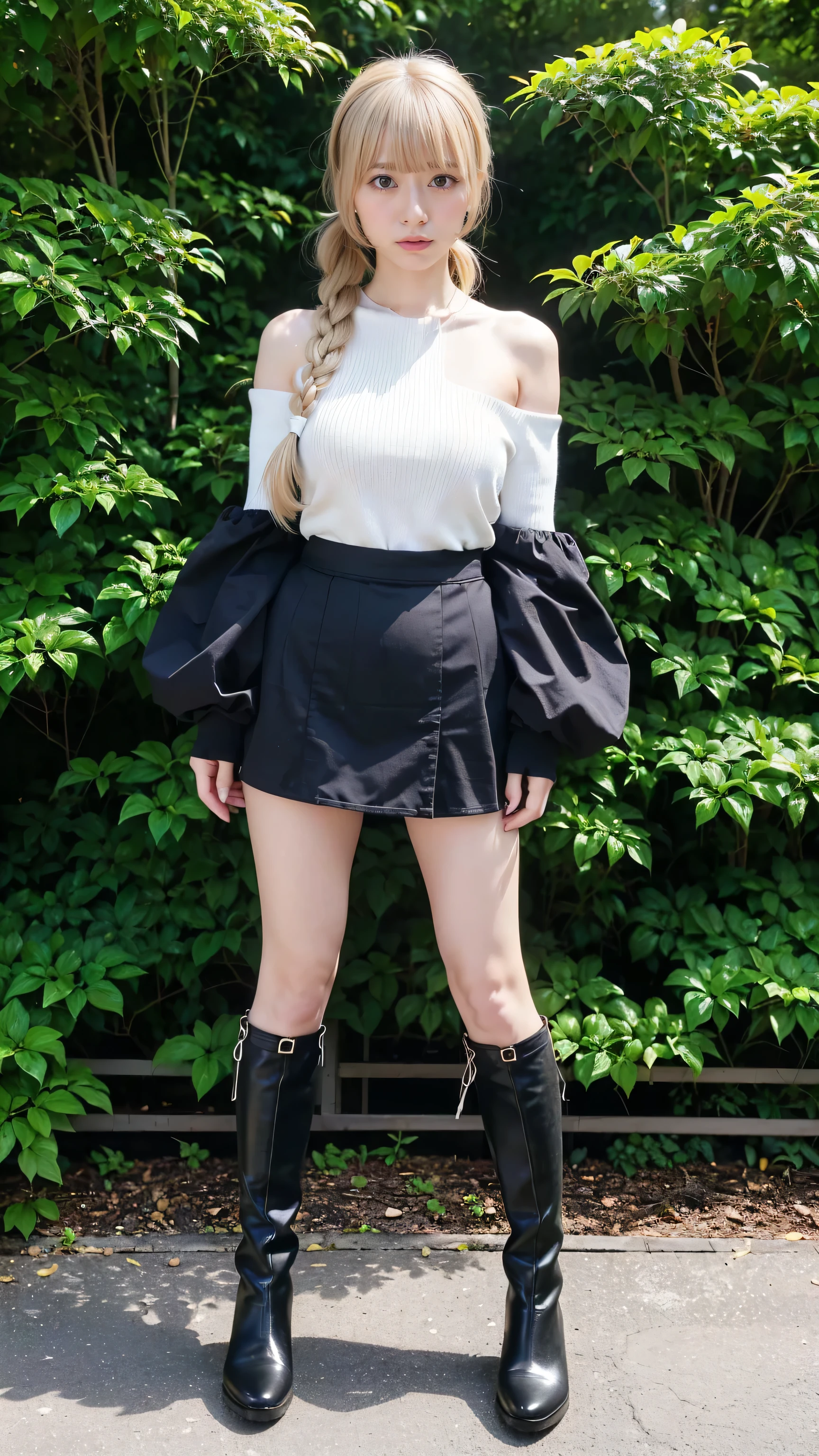 (8k、RAW Photos、highest quality、masterpiece:1.2)、(Realistic、Realistic)、1 girl、((Blonde、Twin tail hair、Off the shoulder、Black Mini Skirt、Knee socks、、Big Breasts、boots、whole body、garden、View from the front、Looking into the camera、Standing with hands on hips))、