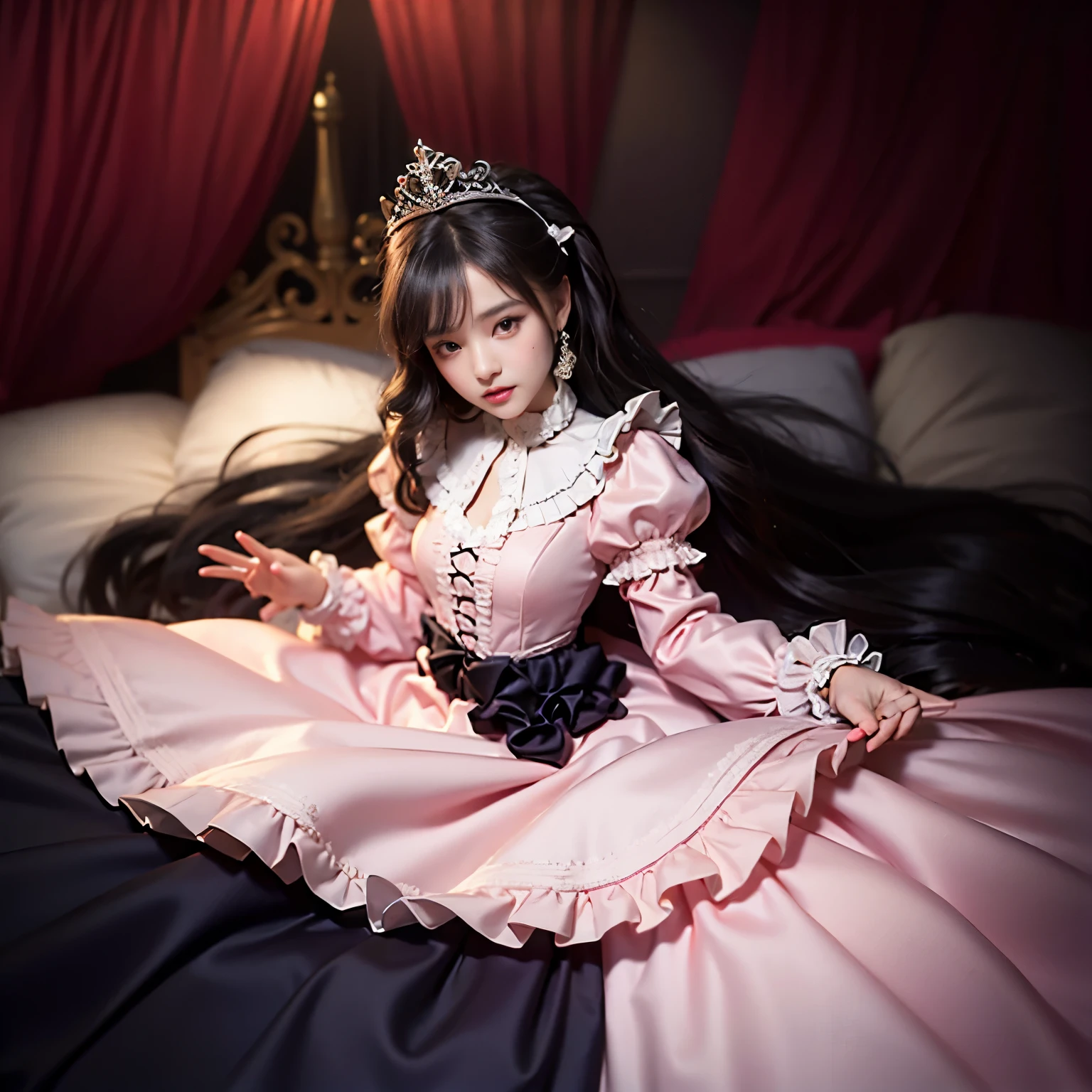 ,best quality, masterpiece, highest resolution, illustration, super それにget used to it, many get used to it, get used to it, それにget used to it, 3K realistic photos,,((10 year olds)),highly detailed baby face,both are princesses,detailed Luxury tiara,Full length ball gown dress with hoop skirt,Ruffled yoke collar,Detailed braided ribbon on the chest,puff sleeves,long sleeves,((Lolita style hot pink detail princess satin dress、It has a lot of frills and ribbons.。)),crazy&#39;Glamorous fashion,Shiny silk satin dress,Soft and smooth silk satin fabric,Luxury,very long blonde hair,blue eyes,white skin european,Pajamas,((Inside the palace)),princess dancing happily,gorgeous flowing dress,Luxurious white frills and lace,Super long hair as tall as your body,White long socks,drawers with wrinkles,castle bedroom at night,very long flowing hair,in bed,豪華な天蓋付きin bed,巨大な広いin bed,pink pillow with lots of frills,Silk satin pink curtains with luxurious ruffles and ribbons surround the bed..,in bed 앉아 있는 공주,Pillows piled behind the princess,Princess leaning back on a pile of pillows,Long hair scattered like a fan in bed,