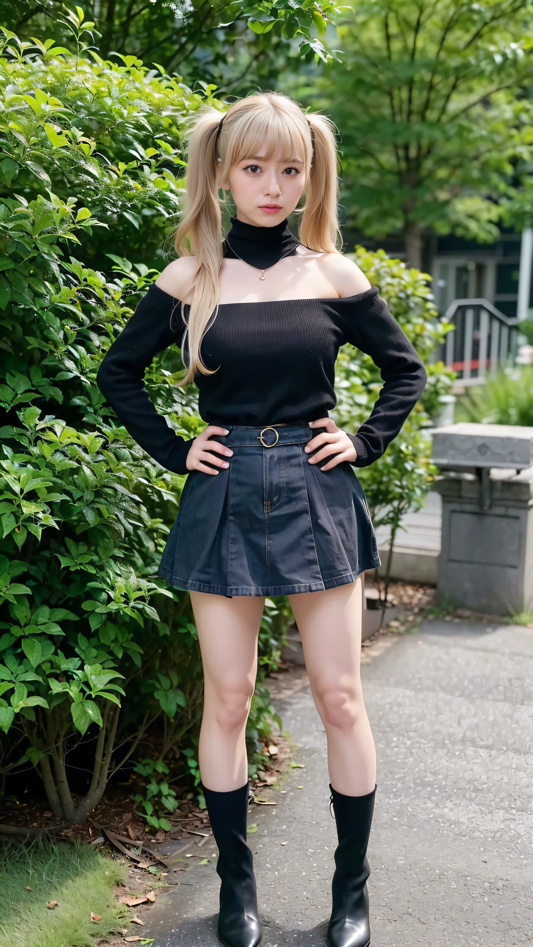 (8k、RAW Photos、highest quality、masterpiece:1.2)、(Realistic、Realistic)、1 girl、((Blonde、Twin tail hair、Off the shoulder、Black Mini Skirt、Knee socks、、Big Breasts、boots、whole body、garden、View from the front、Looking into the camera、Standing with hands on hips))、