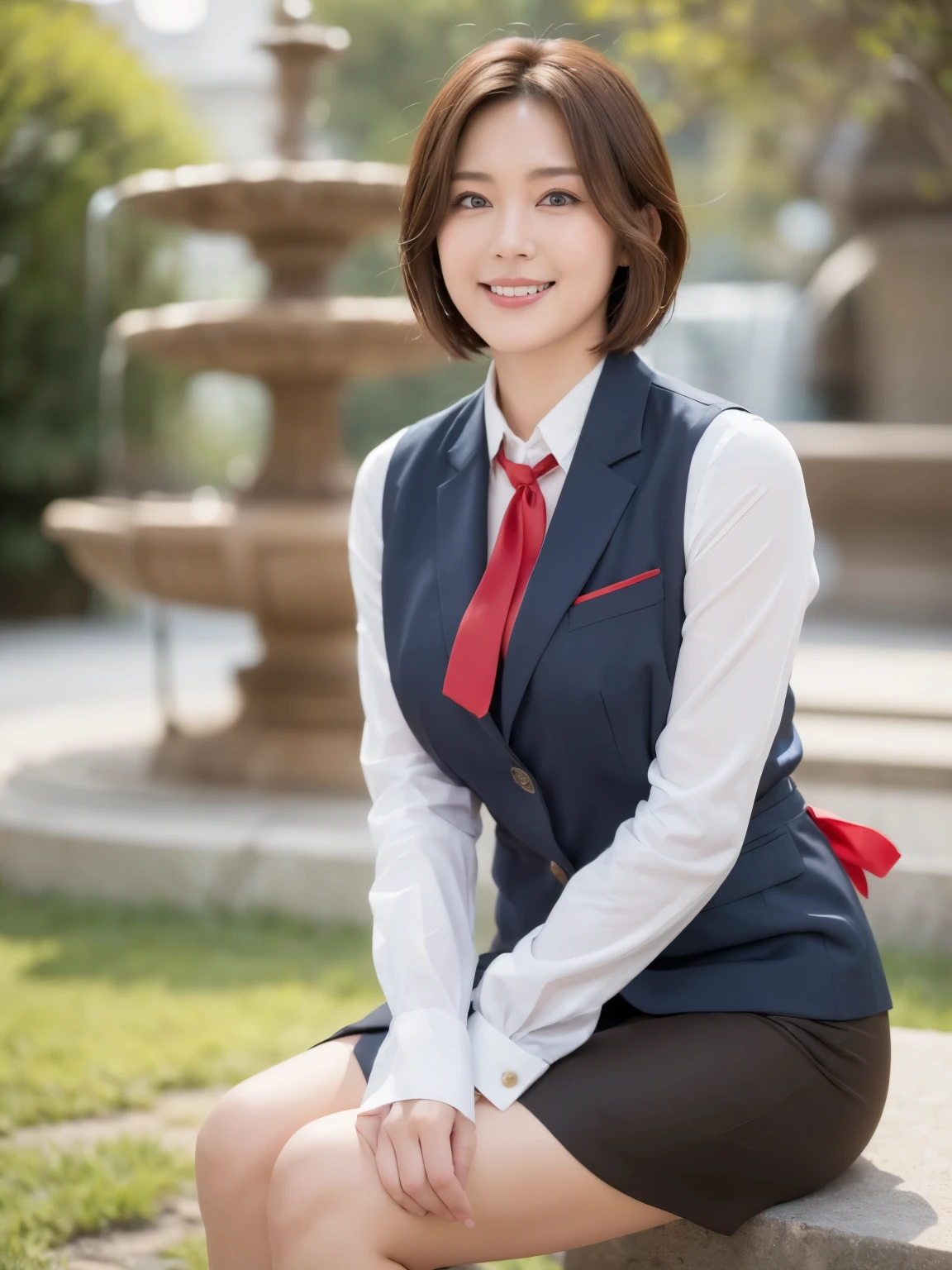 最high quality, In 8K, Masseter region, Vibrant, Sharp focus, high quality, High resolution, Detailed face, fine grain, Thick lips, (Looking at the audience), alone, Beautiful woman, 38 years old, Japanese women, ((very short brown hair:1.4))、(Short Bob Hair:1.4), Cleavage, Lunch break、Large city park、Green Grass、In front of a big fountain、(sitting on a park bench:1.3)、(Full body photo:1)、(Japanese women)、(Mitsubishi Bank uniform:1.8), (She is wearing a dark blue vest over a white blouse:1.5), The vest has three gold buttons, ((Wear a red ribbon tie around your neck only:1.3))、(Knee-length dark blue skirt)、(Black pumps:1.5)、(Red lipstick:1)、(smile:1.3)、(standard body type)、(D cup breasts)