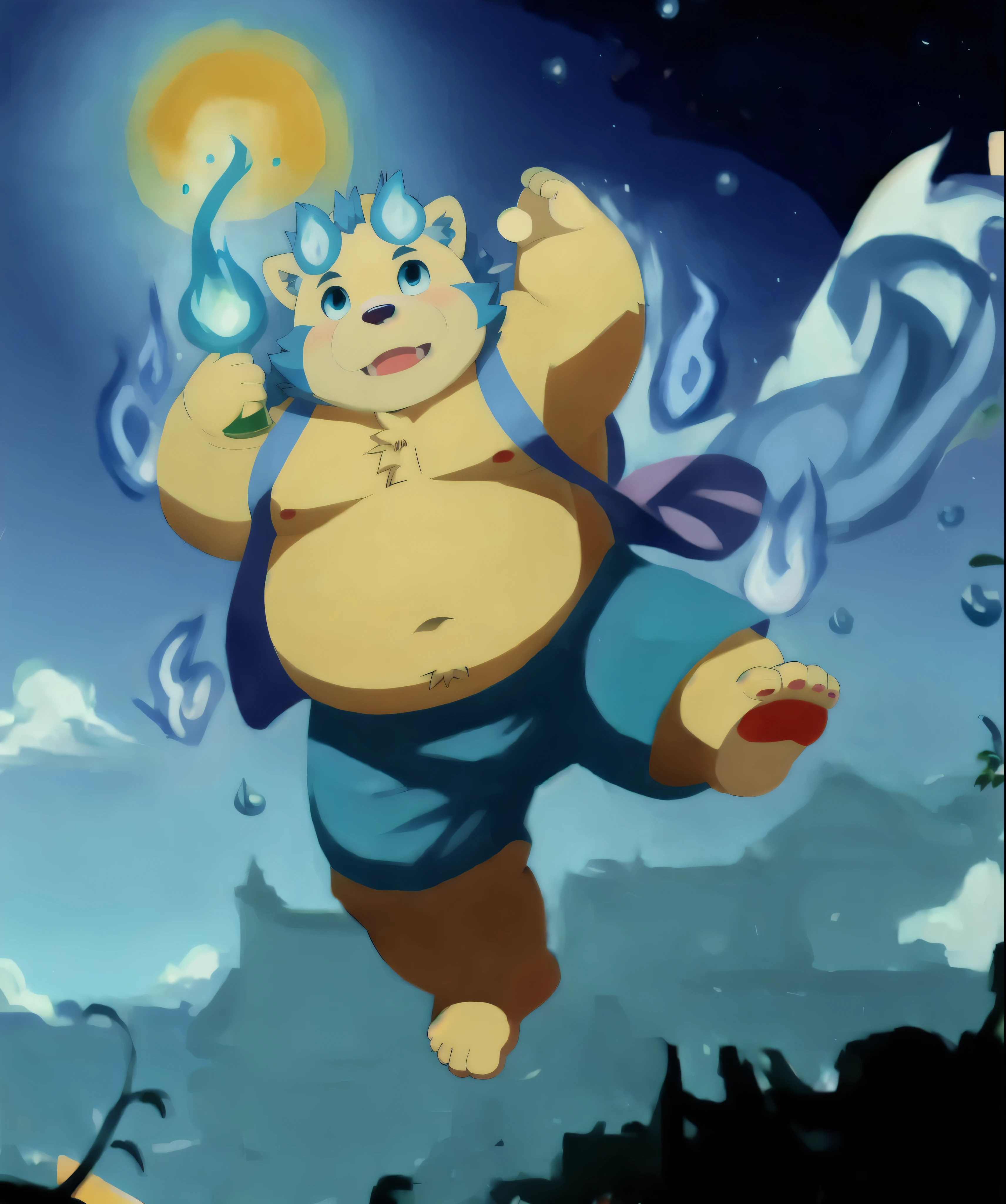 (masterpiece, best quality:1.2),, xiaobo，furry，overweight，foot，sky，shorts，bare，naked，jump，blue fire on the head