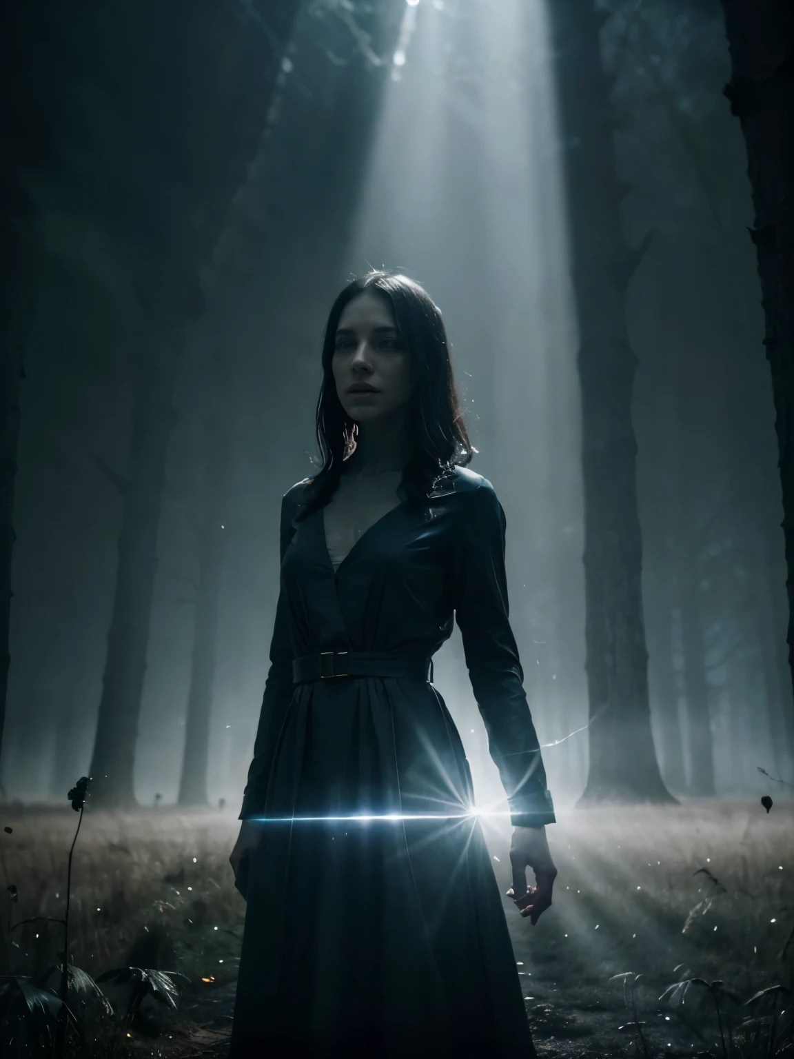 An intense and chilling depiction of an otherworldly abduction, showing a bright beam of light cutting through the darkness of a field, as a terrified human is lifted off the ground by a mysterious, hovering spacecraft. The scene is filled with tension and mystery, capturing the fear and intrigue of an encounter with extraterrestrial beings. The lighting is eerie, casting long shadows and creating a sense of eerie suspense. The colors are a mix of deep blues and grays, adding to the overall atmospheric and surreal nature of the image.