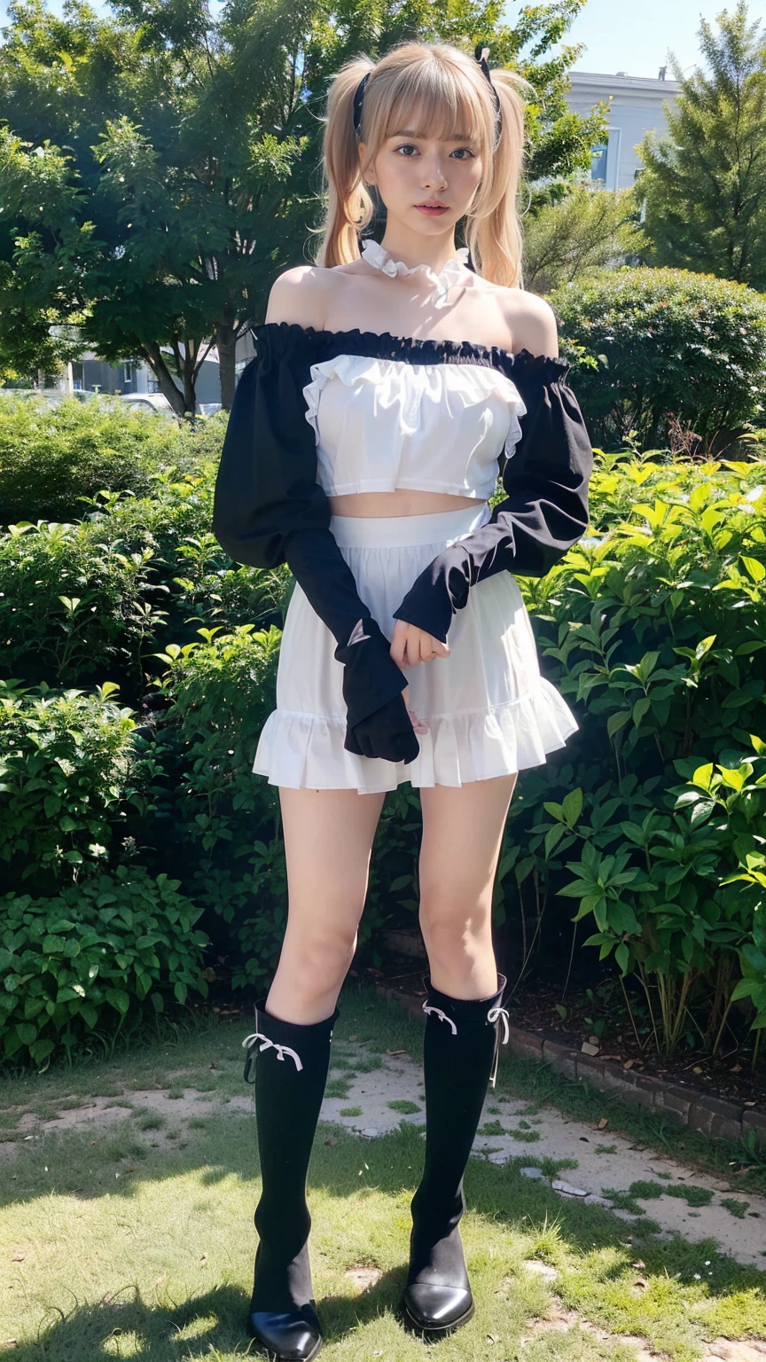 (8k、RAW Photos、highest quality、masterpiece:1.2)、(Realistic、Realistic)、1 girl、((Blonde、Twin tail hair、Off the shoulder、Black Mini Skirt、Knee socks、Frills、ribbon、See-through、Big Breasts、boots、whole body、garden、View from the front、Looking into the camera、Standing with hands on hips))、