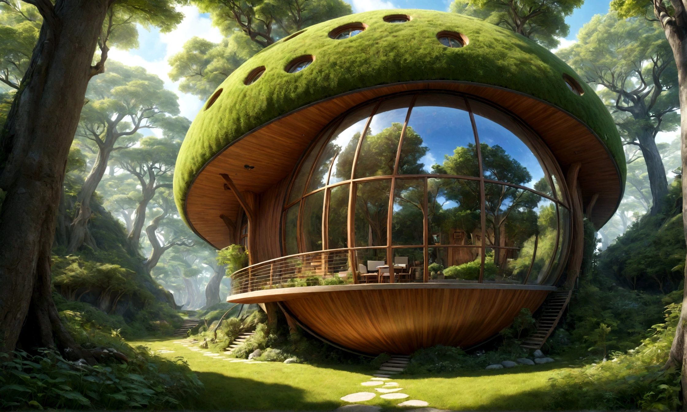 Heavenly Forest、Spherical strangely shaped house、Heavenly Forestの奥にある孤独な家、Dream world、Very realistic、Like the picture、, Surrealism, Mastepiece, Best Quality, High resolution, 8K