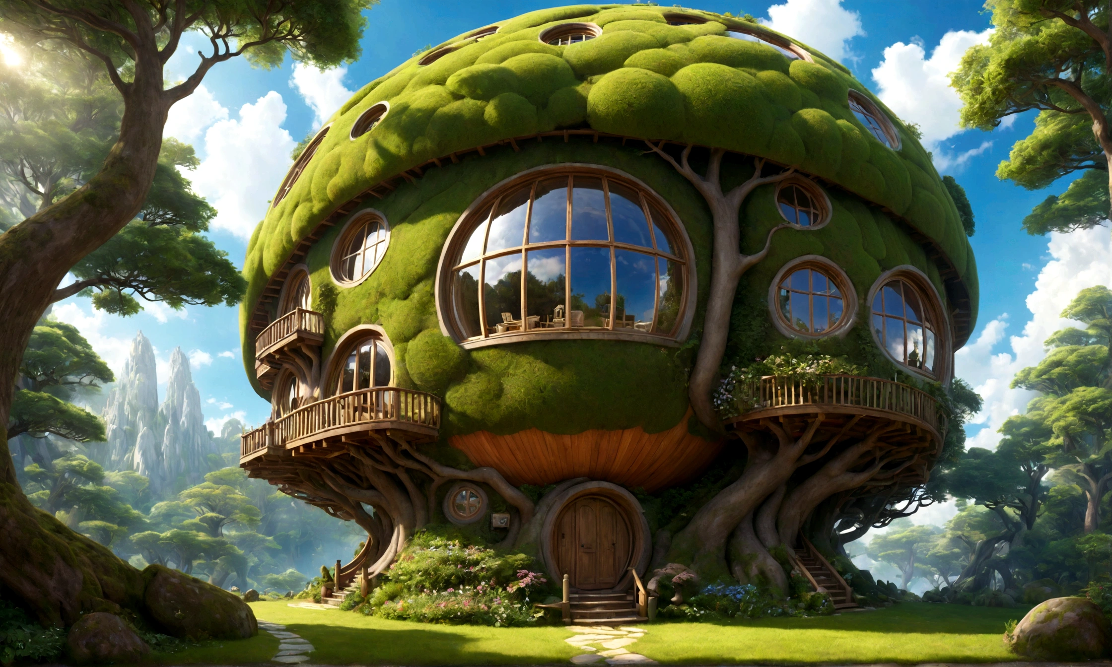 Heavenly Forest、Spherical strangely shaped house、Heavenly Forestの奥にある孤独な家、Dream world、Very realistic、Like the picture、, Surrealism,  Mastepiece, Best Quality, High resolution, 8K