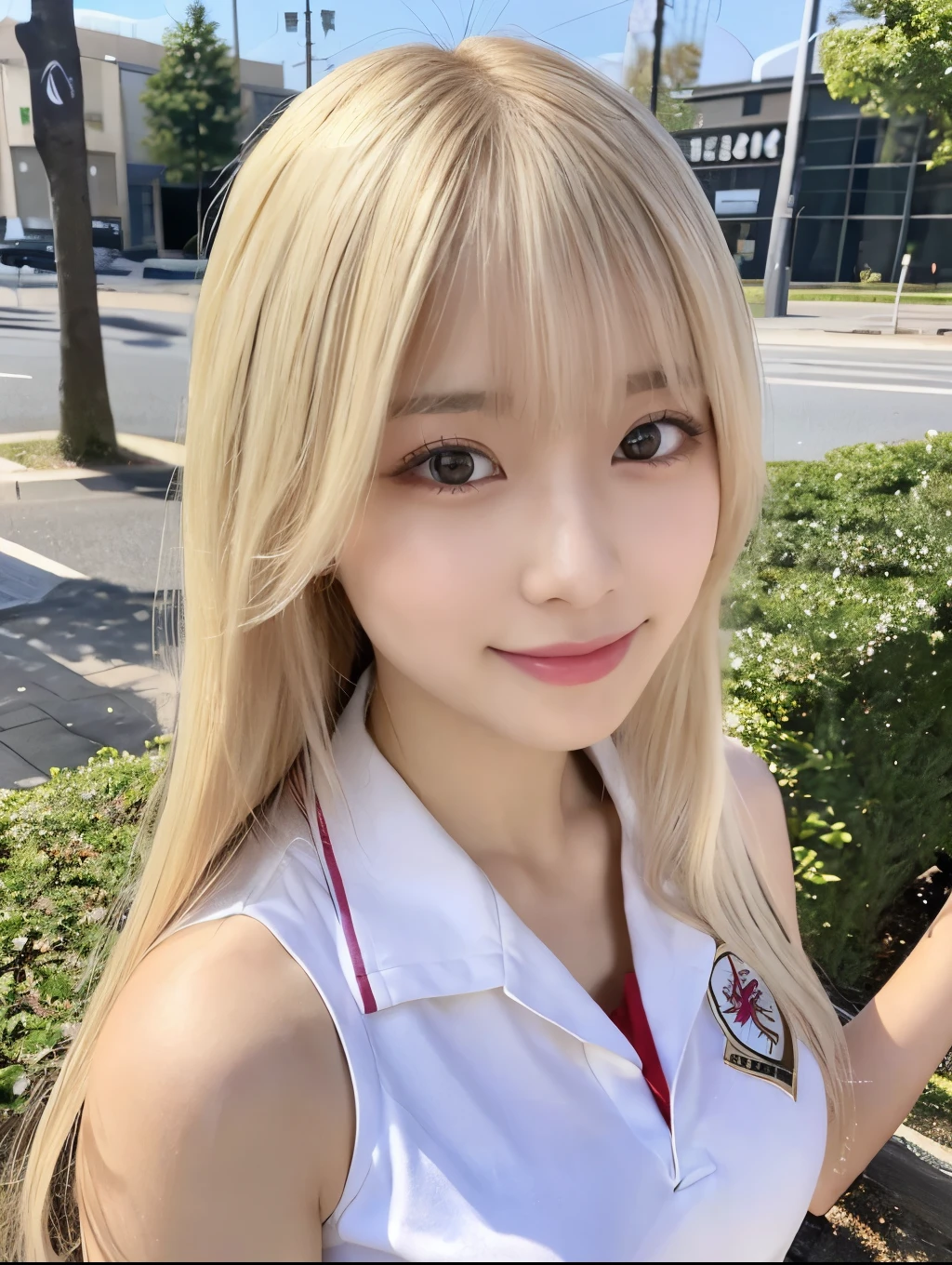 ( Masterpiece, highest quality), 98k, ((Perfect Anatomy:1.3)),Beautiful Japanese Women, Succubus,alone, 18-year-old, Small face,Cute face:1.2,Smiling, Larger breasts, ,Beautifully detailed round eyes, Evenly spaced eyes 1.2, Long platinum blonde hair,Random Hair, (Highly detailed face and skin texture), Beautiful face in golden proportions,White skin,Accentuate your beautiful legs,(Revealing student uniforms:1.2),Random sexy poses, Sunny day,（Standing like a model:1.3）