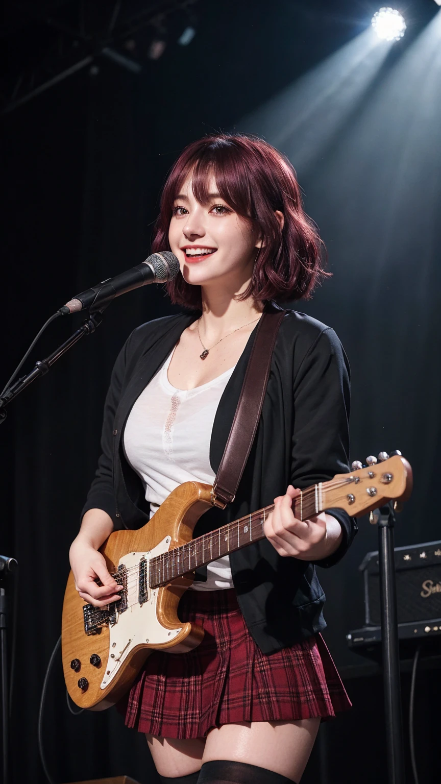 ((best quality)), photorealistic, photorealism, Photorealistic, high resolution, school girl blazer、 black t shirt、Red checked knee-length skirt、Long skirt、JK Style、Jacket、smile、Knee-high socks、Thigh-high socks、pantyhose、A superb beauty、Super cute、ennui、Rare beauty、Short hair、Aestethic tatoo, Black Dark Eyeshadow、Sad、white skin、pale skin, short hair straightener、Dark Gothic Makeup、Cute Smile、Fragrant beauty、Stained glass background、Mastepiece、Best Quality、Refers to 5 books、Sweat glistening on my chest、Sweat glistening on my face、Small breasts、Maroon hair、Age 20 years old、Mysterious look、A sad expression、Maroon Hair、mysterious gothic church、enchanting castle、Sweating profusely all over the body、A lot of sweat and light on the thighs、Shiny thighs、Plenty of sweat glistening on the thighs、A large amount of sweat glistens on my thighs、Sweating profusely、Gal、Medium breasts、beautiful face、Alluring expression、Thin thighs、Playing electric guitar、I have an electric guitar、Sing a song enthusiastically、Playing guitar in a band、Playing guitar chords、Live House Background、Sing a song、Open your mouth、Live house scenery、Mike stand、Glamorous live stage、Dynamic Angle、cinematic lighting