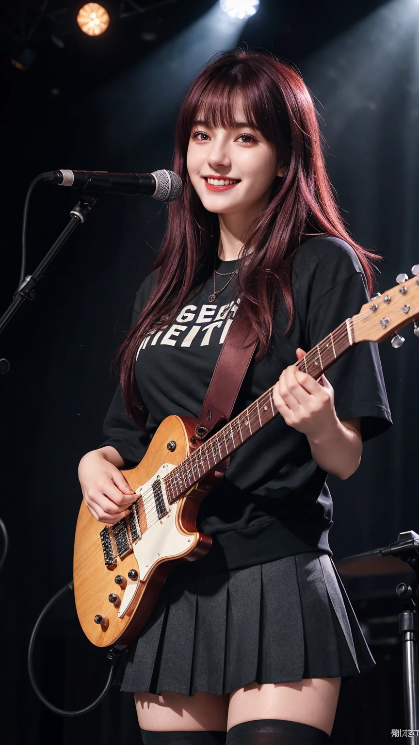 ((best quality)), photorealistic, photorealism, Photorealistic, high resolution, school girl blazer、 black t shirt、Red checked knee-length skirt、Long skirt、JK Style、Jacket、smile、Knee-high socks、Thigh-high socks、pantyhose、A superb beauty、Super cute、ennui、Rare beauty、Short hair、Aestethic tatoo, Black Dark Eyeshadow、Sad、white skin、pale skin, short hair straightener、Dark Gothic Makeup、Cute Smile、Fragrant beauty、Stained glass background、Mastepiece、Best Quality、Refers to 5 books、Sweat glistening on my chest、Sweat glistening on my face、Small breasts、Maroon hair、Age 20 years old、Mysterious look、A sad expression、Maroon Hair、mysterious gothic church、enchanting castle、Sweating profusely all over the body、A lot of sweat and light on the thighs、Shiny thighs、Plenty of sweat glistening on the thighs、A large amount of sweat glistens on my thighs、Sweating profusely、Gal、Medium breasts、beautiful face、Alluring expression、Thin thighs、Playing electric guitar、I have an electric guitar、Sing a song enthusiastically、Playing guitar in a band、Playing guitar chords、Live House Background、Sing a song、Open your mouth、Live house scenery、Mike stand、Glamorous live stage、Dynamic Angle、cinematic lighting