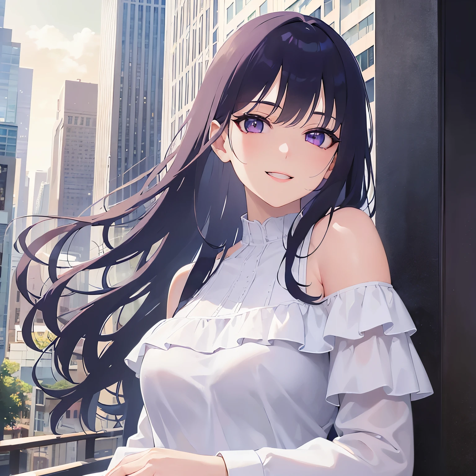 looking at viewer,Detailed CG, Ultra-fine illustrations, masterpiece,highest quality, RAW photo, photorealistic,Upper Body,BREAK(white off shoulder blouse:1.5)BREAK, (pale skin:1.2), shiny skin, shiny hair、(A 26-year-old woman with straight hair and bangs)and(Medium Hair)and(Black Hair)and(Purple eyes) ,(upturned eyes:1.5)and(smile:1.5)and(open mouth),hand on own chest,Biologically correct5Finger,missing fingers,The background is the city,alone