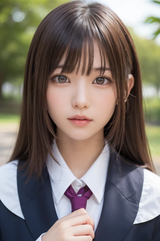 one girl, (a beauty girl, delicate girl:1.3), (16 years old:1.3),
break, (school uniform, serafuku:1.3),
break, very fine eyes, (symmetrical eyes:1.3),
break, (lush park:1.3), perfectly trimmed fingers,
break, small breasts, brown eyes, parted bangs, brown hair,
break, (eyes and faces with detailed:1.0),
break, (masterpiece, best quality, ultra detailed, detailed face, 8k)