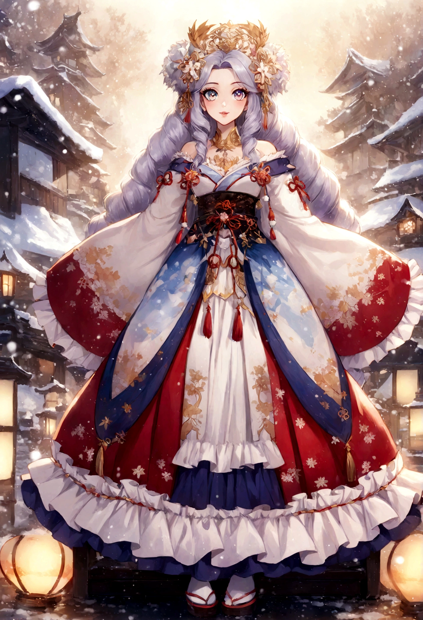 (full bodyesbian:1.2), araffe dressed in a kimono standing on a snowy platform, japanese clothes, dressed with long fluent clothes, lolita fashion, lolita style, sakimichan, japaneese style, wearing an ornate outfit, cute anime waifu in a nice dress, fantasy style clothing, winter princess, designed for cozy aesthetics!, japanic style, wearing fantasy formal clothing, fantasy outfit, (Beautiful and delicate eyes)