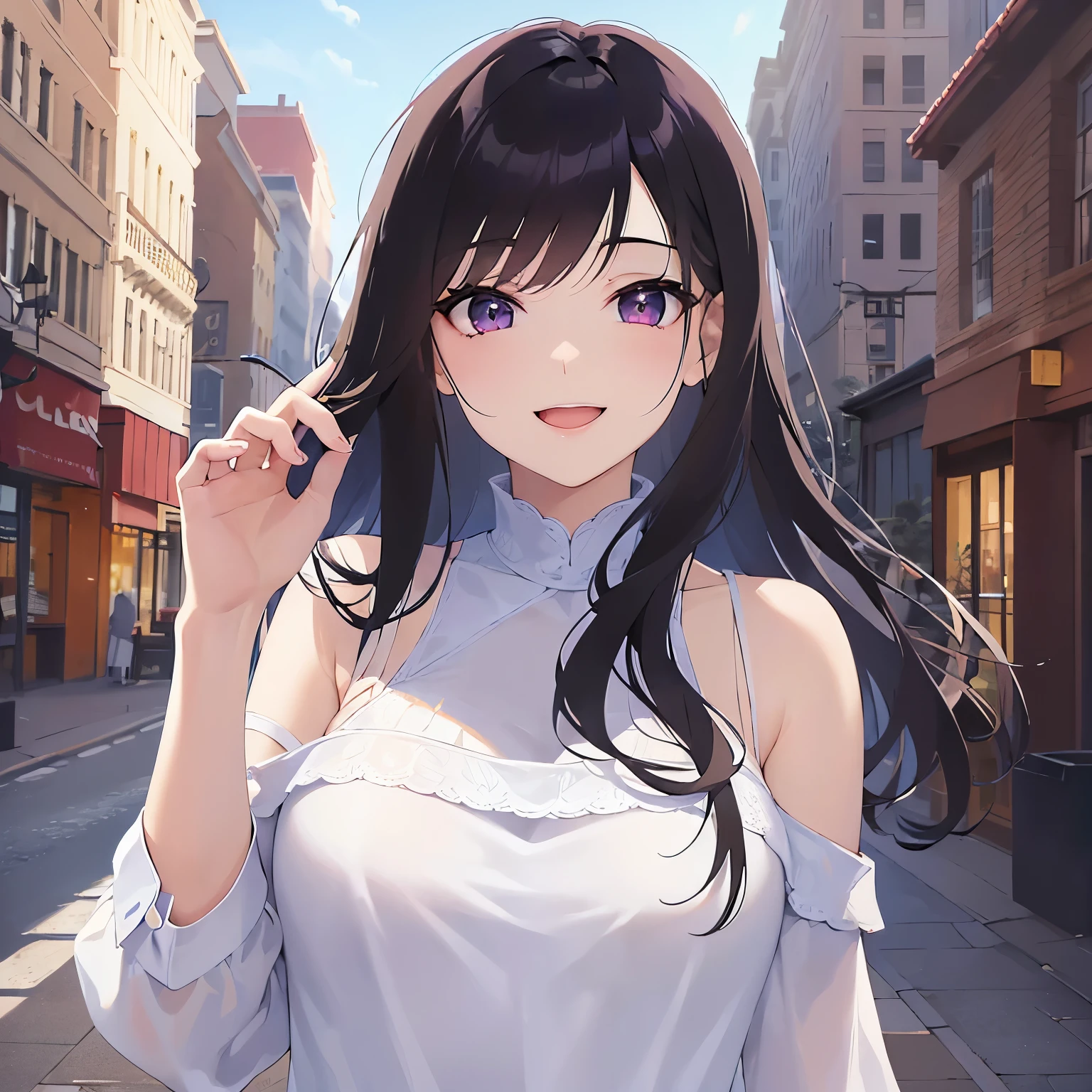 looking at viewer,Detailed CG, Ultra-fine illustrations, masterpiece,highest quality, RAW photo, photorealistic,Upper Body,BREAK(white off shoulder blouse:1.5)BREAK, (pale skin:1.2), shiny skin, shiny hair、(A 26-year-old woman with straight hair and bangs)and(Medium Hair)and(Black Hair)and(Purple eyes) ,(upturned eyes:1.5)and(smile:1.5)and(open mouth),hand on own chest,Biologically correct５Finger,missing fingers,The background is the city,alone