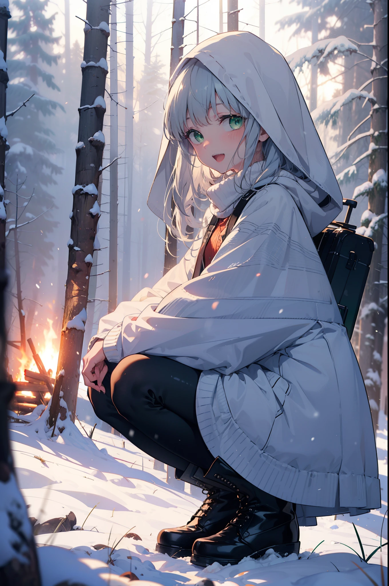 index, index, (Green Eyes:1.5), Silver Hair, Long Hair, (Flat Chest:1.2),happy smile, smile, Open your mouth,
Open your mouth,snow,A bonfire on the ground, Outdoor, boots, snowing, From the side, wood, suitcase, Cape, Blurred, Eat food, forest, White handbag, nature, Squat, Mouth closed, フードed Cape, winter, Written boundary depth, Black shoes, red Cape break looking at viewer, Upper Body, whole body, break Outdoor, forest, nature, break (masterpiece:1.2), highest quality, High resolution, unity 8k wallpaper, (shape:0.8), (Beautiful and beautiful eyes:1.6), Highly detailed face, Perfect lighting, Extremely detailed CG, (Perfect hands, Perfect Anatomy),
