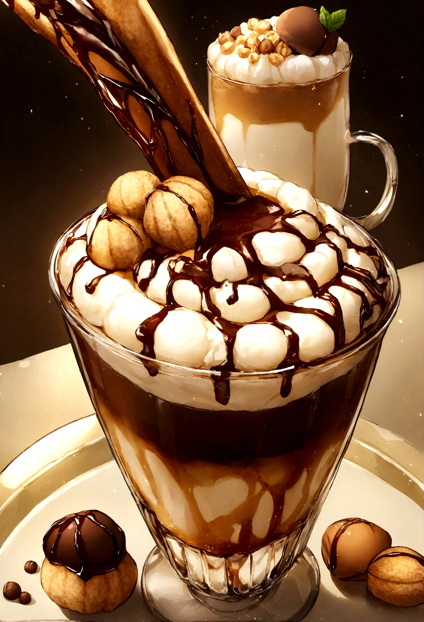 Detailed shot of a hazelnut iced latte, Capturing the wealthy, The nutty flavor of hazelnut syrup is mixed with velvety milk and espresso., Drizzle with chocolate syrup、Garnish with a sprinkling of crushed hazelnuts.