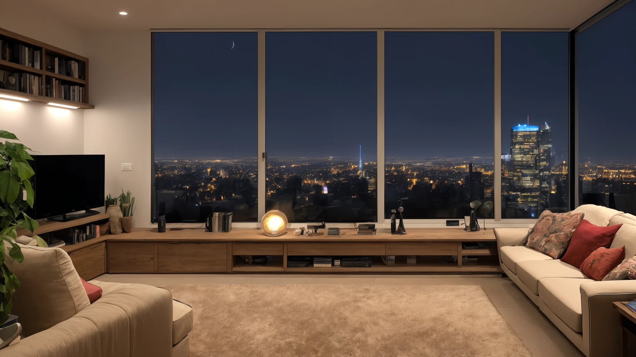Highly detailed photos by Fernando Guerra,Wide-angle,Sharp focus,4K,8k,12k,RAW Photos,Sony α7sIII,17mm,masterpiece,Award-winning architecture photography,Art Station,Intricate details,Accurate, break (interior:1.5),Inspired by Frank Lloyd Wright,(Cozy living room:1.5),Billion Dollar House,cozy and inviting interior,Well-equipped,Hundreds of books,Bookshelf,plant,scientific instruments,Spotless,ambient interior lighting,Comfortable design,Large windows,Dystopian city view,Natural light, break futuristic dystopian city exterior,(night:1.5),There is a large TV set,Large fireplace,