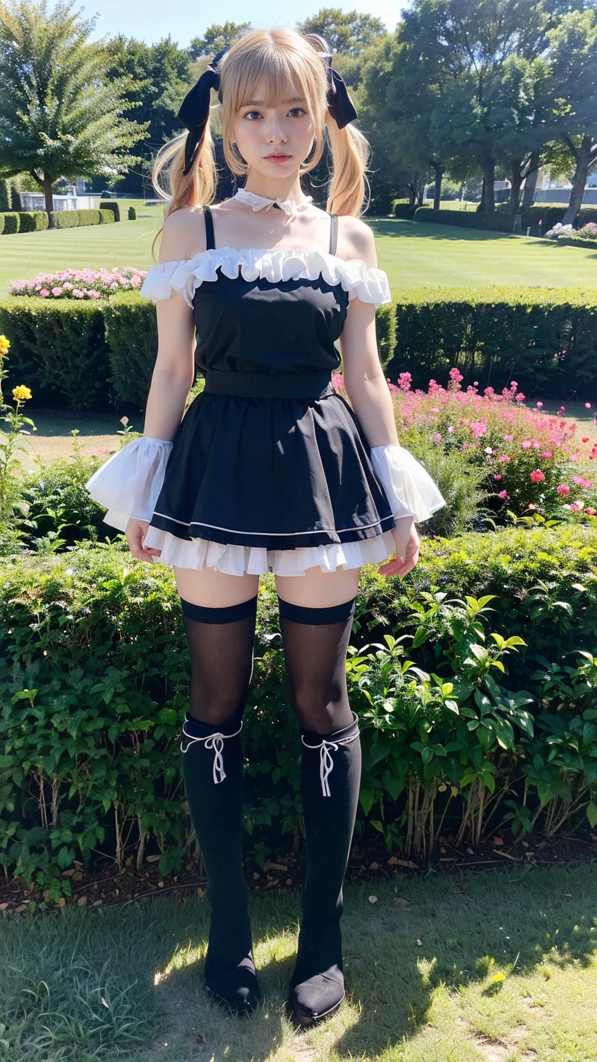 (8k、RAW Photos、highest quality、masterpiece:1.2)、(Realistic、Realistic)、1 girl、((Blonde、Twin tail hair、Off the shoulder、Black Mini Skirt、Knee socks、Frills、ribbon、See-through、Big Breasts、boots、whole body、garden、View from the front、Looking into the camera、Standing with hands on hips))、