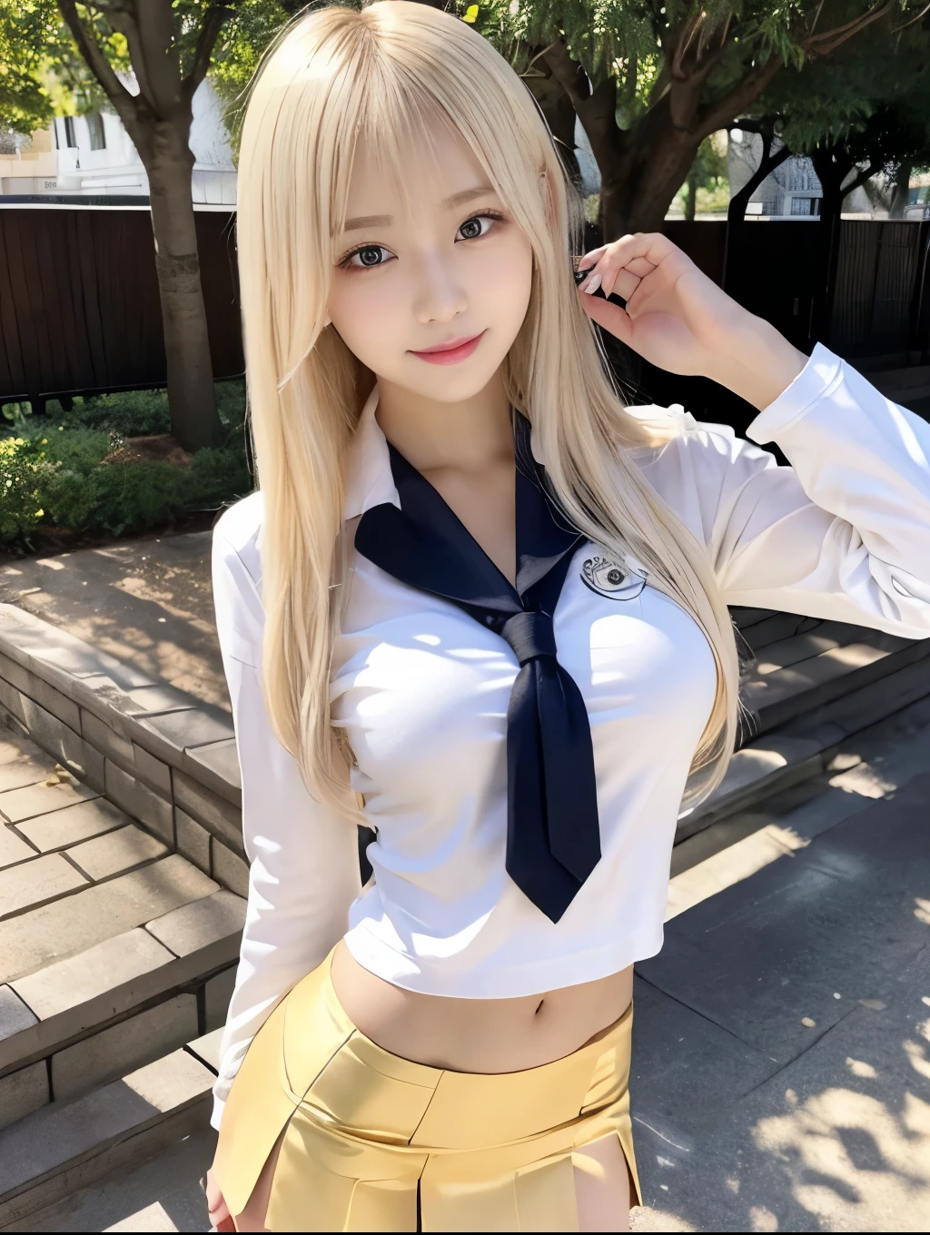 ( Masterpiece, highest quality), 98k, ((Perfect Anatomy:1.3)),Beautiful Japanese Women, Succubus,alone, 18-year-old, Small face,Cute face:1.2,Smiling, Larger breasts, ,Beautifully detailed round eyes, Evenly spaced eyes 1.2, Long platinum blonde hair,Random Hair, (Highly detailed face and skin texture), Beautiful face in golden proportions,White skin,Accentuate your beautiful legs,(Revealing student uniforms:1.2),Random sexy poses, Sunny day,(Standing like a model:1.3)
