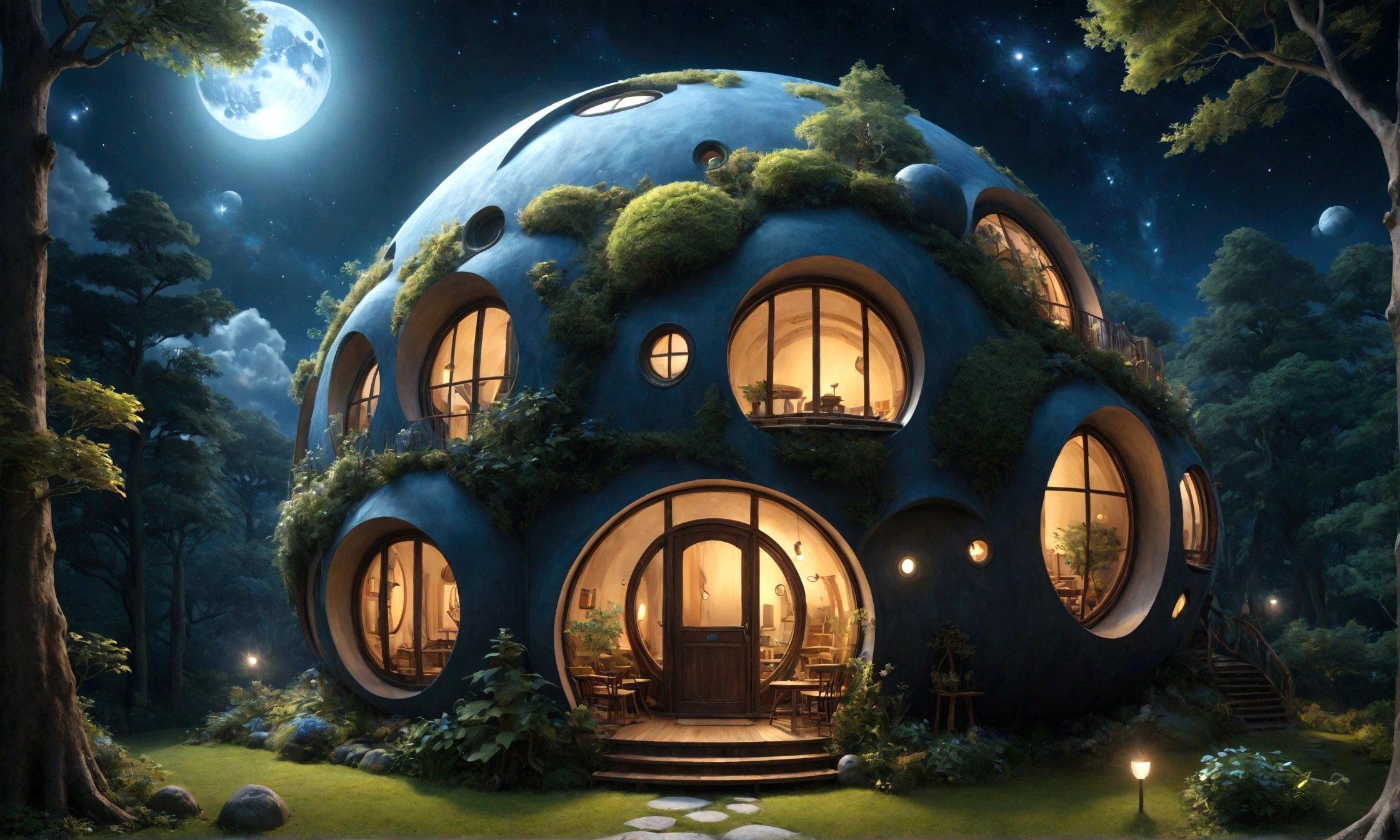 midnight、Heavenly Forest、Spherical strangely shaped house、Heavenly Forestの奥にある孤独な家、Dream world、Very realistic、Like the picture、, Surrealism, Mastepiece, Best Quality, High resolution, 8K