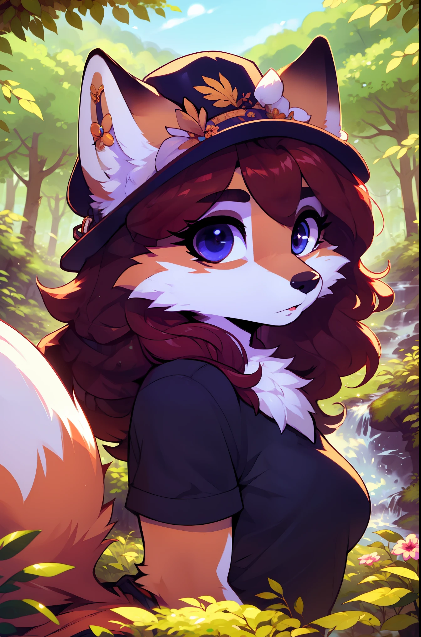 furry,girl fox,tmasterpiece, Best quality at best, (Just focus), (It's a perfect face:1.1), (high detal:1.1), (Ultra-detailed eyes), With a hat on, forest in background, Ethnic style clothing