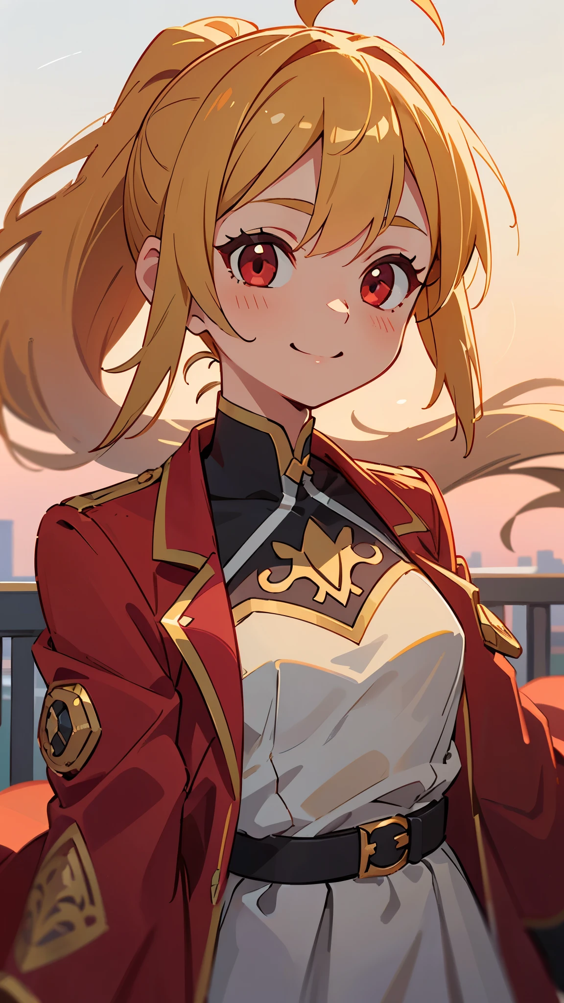 1 girl、8k、Sharp focus、(Bokeh) (highest quality) (Detailed skin:1.3) (Intricate details) (anime)、Genki girl、Small breasts、Red Riders Jacket、blonde、Beautiful red eyes、ponytail、Ahoge、gloves、Bright smile、terrace、Blowing in the wind、Golden Hour Sky、Upper body close-up、Sharp contours