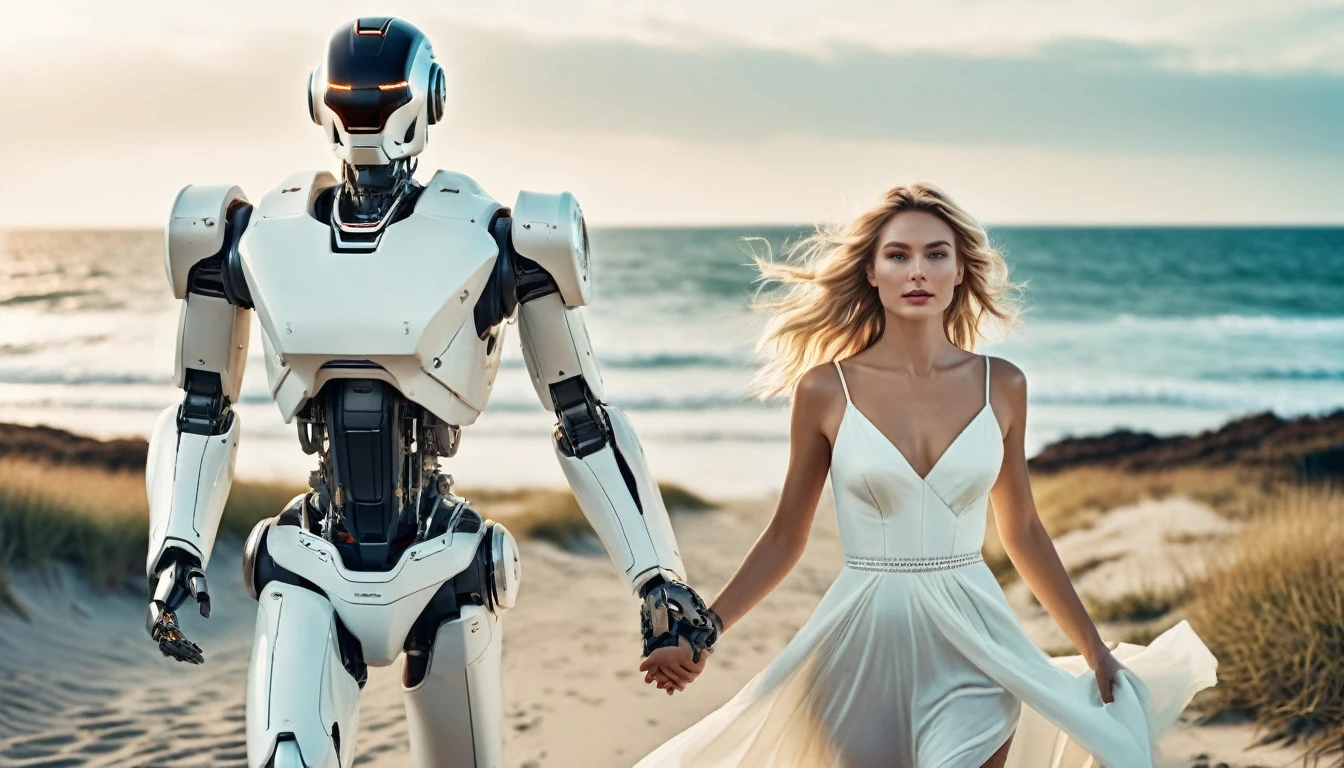 Masterpiece, award-winning photograph, UHD, RAW, (ultra high quality, 8k, intricate details),frontal view of a beautiful blonde white dressed stylish woman and a humanoid cyborg robot hand in hand running on the beach like a loveful couple, full shot, slightly high camera angle, wide angle lens , bilateral symmetry , neutral colors , natural lighting , volumetric lighting, lifelike textures, sharp focus, film grain, uhd, hdr, 8k,lomochrome, vintage color grading, photorealistic 35mm film,