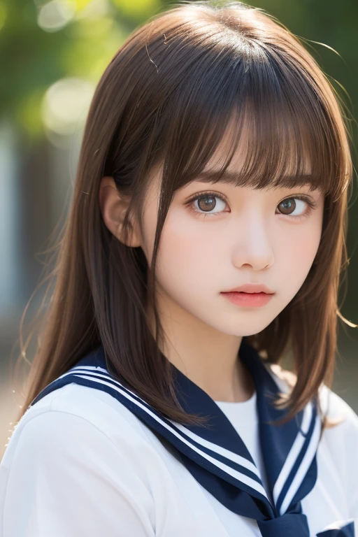 masterpiece, best quality, (a beauty girl:1.3), (16 years old:1.3), very fine eye definition, (symmetrical eyes:1.3), (school uniform, short sleeve, white shirt, neckerchief:1.2), brown eyes, parted bangs, brown hair, (eyes and faces with detailed:1.0), (raw photo, professional lighting, film grain, chromatic aberration)