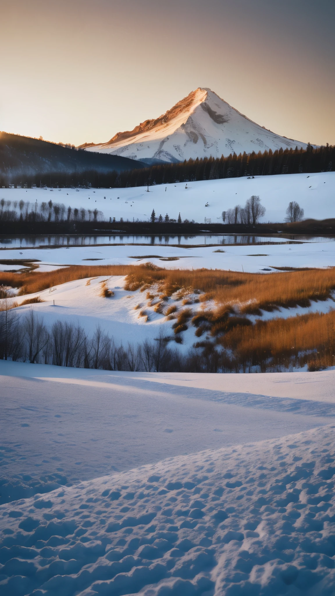 a snow covered field with a mountain in the background,unsplash photography,sunset panorama,anamorphic 24 mm lens,alex kiesling,ascending form the sky,three towers,the sky is red,trending on unsplash,featured on unsplash,ukraine,washington,red lake,8 0 mm photo,low res,