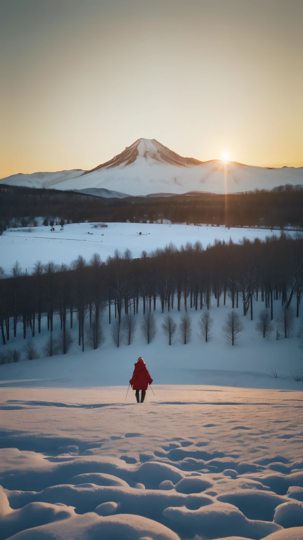 a snow covered field with a mountain in the background,unsplash photography,sunset panorama,anamorphic 24 mm lens,alex kiesling,ascending form the sky,three towers,the sky is red,trending on unsplash,featured on unsplash,ukraine,washington,red lake,8 0 mm photo,low res,