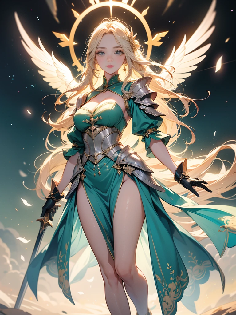 A stunning artwork of a valiant female warrior standing in a radiant celestial realm. The full-body view showcases her in elegant and majestic armor of white, blue, and gold, exuding an aura of divine strength and grace. Her long, flowing blonde hair frames a face of determined beauty, highlighted by green eyes that sparkle with fierce courage and noble resolve. She holds a celestial sword, intricately designed and glowing with divine energy, adding to her imposing presence.
The scenery around her is a luminous heavenly landscape, with shining clouds and golden light bathing the surroundings. Celestial symbols and floating orbs of light enhance the ethereal atmosphere, creating a scene of otherworldly splendor.