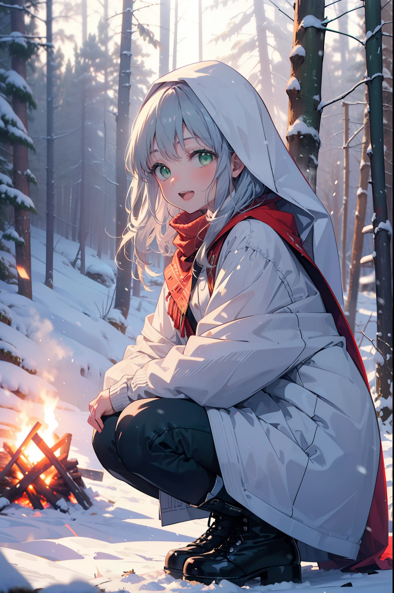 index, index, (Green Eyes:1.5), Silver Hair, Long Hair, (Flat Chest:1.2),happy smile, smile, Open your mouth,
Open your mouth,snow,A bonfire on the ground, Outdoor, boots, snowing, From the side, wood, suitcase, Cape, Blurred, Eat food, forest, White handbag, nature, Squat, Mouth closed, フードed Cape, winter, Written boundary depth, Black shoes, red Cape break looking at viewer, Upper Body, whole body, break Outdoor, forest, nature, break (masterpiece:1.2), highest quality, High resolution, unity 8k wallpaper, (shape:0.8), (Beautiful and beautiful eyes:1.6), Highly detailed face, Perfect lighting, Extremely detailed CG, (Perfect hands, Perfect Anatomy),