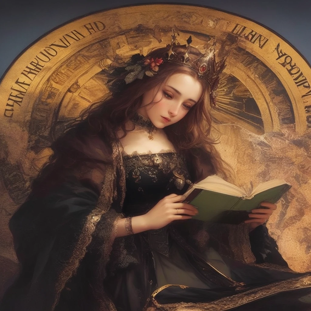 A woman reading a book with a crown on her head, Hubert van Eyck, By Jan van Eyck, inspired by Legendary Master of St. Lucy, by Legendary Master of St. Lucy, inspired By Jan van Eyck, inspired Hubert van Eyck, Inspired by Barthélemy Dake, Gerald David, 2.5D, science fiction, cyberpunk