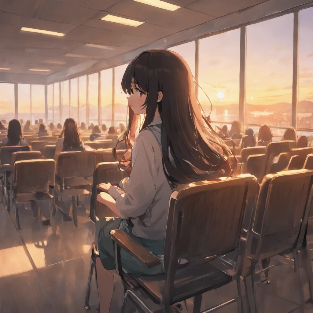 School classroom、Heisei、beautiful girl、machine、Sitting in a chair、Diagonal rear view、Long black hair、curtain、The wind is blowing、sunset、after school、Highest quality HD、reading、1 person、Look out