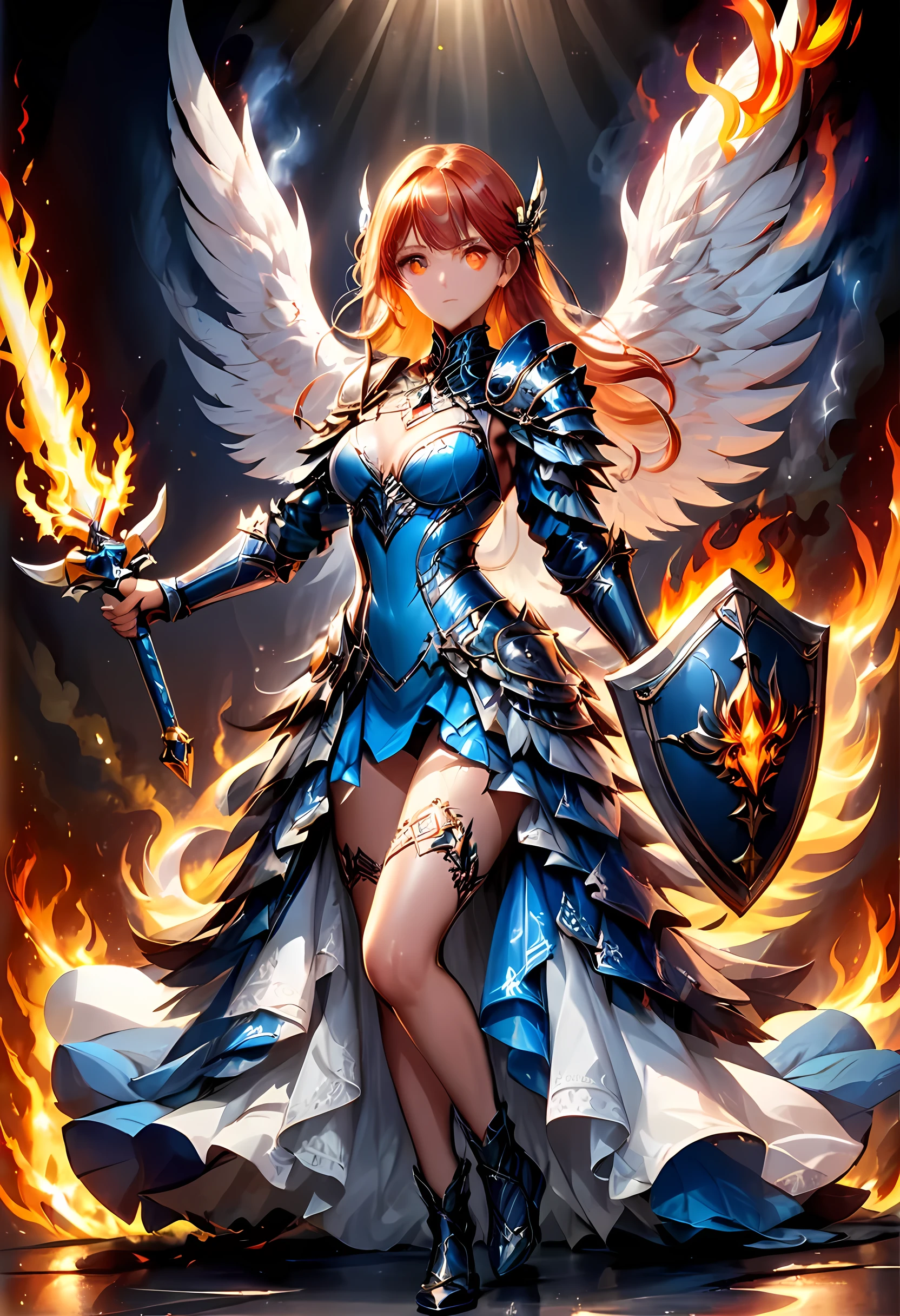 16k, ultra detailed, masterpiece, best quality, (extremely detailed), arafed, dnd art, panoramic view, full body, aasimar, female, (Masterpiece, intense details:1.3), female, divine warrior, holding ((flaming blade: 1.5)) (Masterpiece, intense details:1.3) large feathered wings,(white: 1.3) angelic wings spread (Masterpiece, intense details:1.3), fantasy magical heaven background (Masterpiece, intense details:1.3), moon, stars, clouds, wearing (azure armor: 1.3) (Masterpiece, intense details:1.3), elegant high heeled boots (Masterpiece, intense details:1.3), armed with sword, (red hair: 1.4), (green eyes: 1.4), intense eyes, ultra feminine, ultra detailed face, (Masterpiece, intense details:1.5), (anatomically correct: 1.5), determined face, divine light, cinematic lighting, soft light, silhouette, photorealism, panoramic view ((Masterpiece, intense details:1.3) , Wide-Angle, Ultra-Wide Angle, 16k, highres, best quality, faize, 2.5D rendering, phoenix dress, Sword and shield, Dark Art Painting Style
