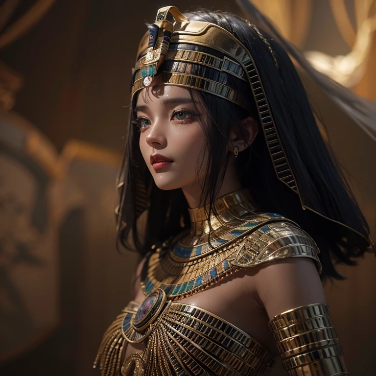 A breathtakingly intricate depiction a revered religion, rendered in the symbolism of ancient Egypt. is dressed in regal gold and ebony attire, evoking the grandeur of Pharaohs. The scene unfolds in the background of an imposing golden and black pyramid, steeped in the mysterious allure of Egyptian culture. The god's expressive radiate divinity, and the atmosphere is filled with an aura of spiritual awakening. The image is an exquisite masterpiece, with high-definition details and cinematic lighting that brings the sacred symbolism to life. The overall composition is captiv