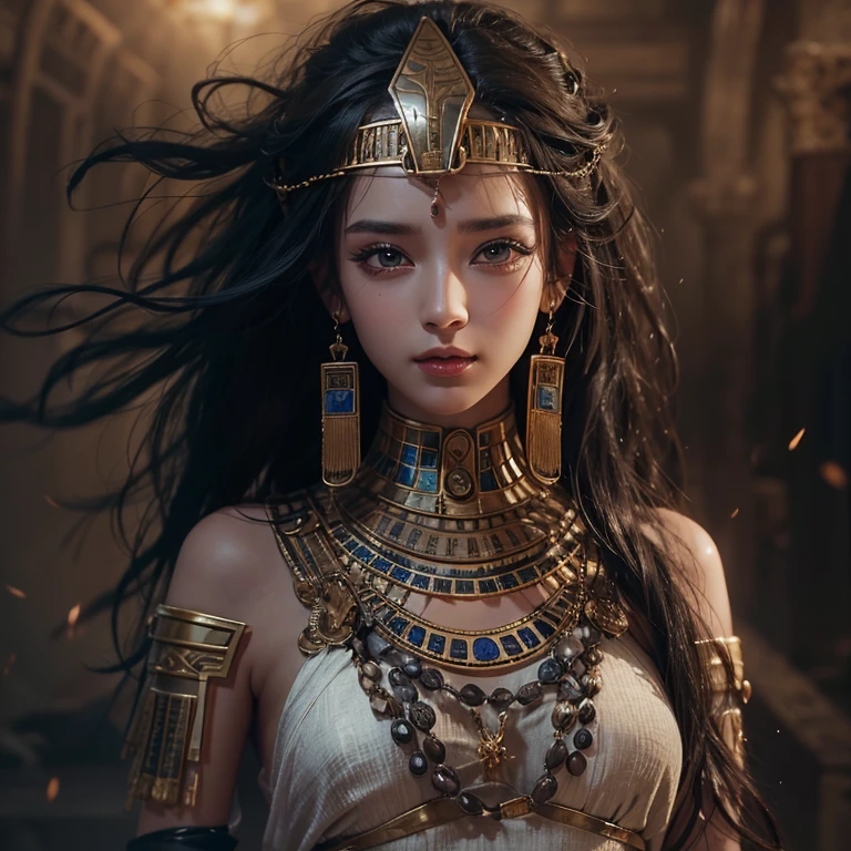 Standing in an ancient Egyptian cave、Hair blowing in the wind 、 ((highest quality、masterpiece、8k、Best image quality、Ultra-high resolution、Award-winning works)、(Accurate anatomy:1.1)、(Look at me and smile:1.0)、Shining fair skin with Ultra-high resolution、The most detailed face、Ultra-high resolution detailed face、Ultra-high resolutionの髪の毛、(Ultra-high resolution eye:1.1)、Beautiful face drawn in every detail、Ancient Egyptian costumes, Chest to chest, Dark atmosphere,Dark atmosphere, Ancient Egyptian makeup,