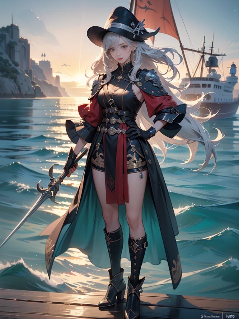(((masterpiece, best quality, high detailed, 8k))) Design a layout showcase Gaming character, (1girl). Brown|Red attire, adventurous and daring. ((showcase weapon:1.4)), cutlass. (masterpiece:1.2), (best quality), 4k, ultra-detailed. (Step by step design, layout art:1.5), (sunset lighting, nautical atmosphere). pirate captain, ((glove full hands)), (((sea-worn clothes:1.3))), tricorn hat, leather boots, (((full_body_shot:1.4))). {On a pirate ship deck}.