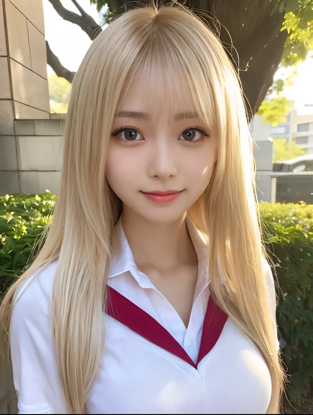( Masterpiece, highest quality), 98k, ((Perfect Anatomy:1.3)),Beautiful Japanese Women, Succubus,alone, 18-year-old, Small face,Cute face:1.2,Smiling, Larger breasts, ,Beautifully detailed round eyes, Evenly spaced eyes 1.2, Long platinum blonde hair,Random Hair, (Highly detailed face and skin texture), Beautiful face in golden proportions,White skin,Accentuate your beautiful legs,(Revealing student uniforms:1.2),Random sexy poses, Sunny day,(Standing like a model:1.3)
