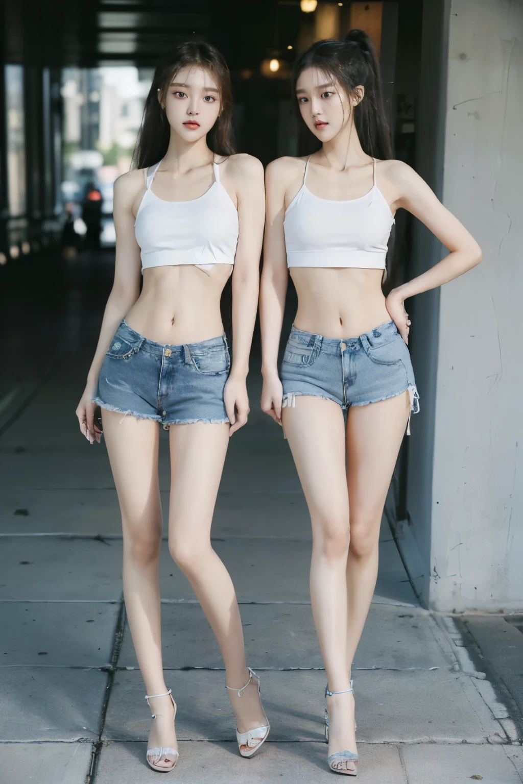 (8k、Raw photo、最high quality、masterpiece:1.5),((((Both of them stand with their legs apart:1.9)))),(((Both of them have an inseam that is more than half their height.:1.5))),((Both of them have bare legs.)),((Both of them are extremely slim:1.2))，((((Both girls look exactly like K-pop star Wonyoung:1.9)))),((Both of them have very long, slender legs.:1.6)),((Both are 173cm tall:1.5)),((The two have perfect supermodel style: 1.2)),(((((Both of them take full body shots: 1.8))))),(((Both of you should face your whole body straight ahead.:1.8))),((Low angle shot:1.5)),Skin irregularities are reproduced in minute detail:1.5 Super thin waist: 1.2, Thin buttocks,Open the navel,完璧なSuper thin thighs: 1.2),(((Both of them have amazingly slim figures.))),((Both of them are wearing denim micro .:1.5)),((Both are )),(Both of them have perfectly erect nipples.:1.5), (((Both of them are extremely exposed.:1.5))),(No bra:1.5),(((Both of their erect nipples are visible through the fabric.:1.3))),Highly detailed face and skin texture,Symmetrical face,Fair Asian Skin, Ultra-Realistic Details, Natural Shadows,(Very small hips),Large firm breasts, Super long thighs,(Super thin thighs),(Super slim calves),((Small Ass)),(Both of them have the slender bodies of well-trained track and field athletes.:1.5),(Super muscular body:1.5),Super toned waist,(More emphasis on the abdominal muscles:1.5)，((Both of them have super-strong abs;1.9)),(Super thin waist:1.5),((White high heels:1.3)),lengthen limbs,(Photographed 25cm above the ground:1.5),(Both of them have slim, toned ankles.:1.5),(((Standing on the sidewalk in front of a stylish upscale restaurant:1.5))),(Both of them are wearing short, see-through white sports bras.:1.3), (((Wide open abdomen:1.5))),Hands on hips,Both of them face forward，Super long arms,Thin hands,(Black hair ponytail),((Both of them stand up straight.)),(Keep your hips facing forward:1.5),Both of them are beautiful with 8-head body proportions.,Very thin ankles,The arms are very slender and muscular,The legs are super slender and muscular,Make your arms thinner,Super slim and muscular legs,Both of them have super long legs.,The middle of the thighs are very thin,(Super muscular and extremely slim calves:1.2),(Super muscular and slim thighs:1.2),Very tight waist,((Both of them have an inseam that is more than half their height.の美脚:1.5)),Extremely thin thighs,Fine skin,Firm skin,(((Both of them should fit from the top of their heads to the toes of their heels.:1.5))),(((Both have beautiful legs:1.2))),(Both of them are super muscular and have slim legs.:1.5),(toned thin legs:1.5),((Sunny afternoon:1.3)),Midsummer:1.5, Super detailed, High detail, high quality, Awards,High resolution,((Anatomically correct))