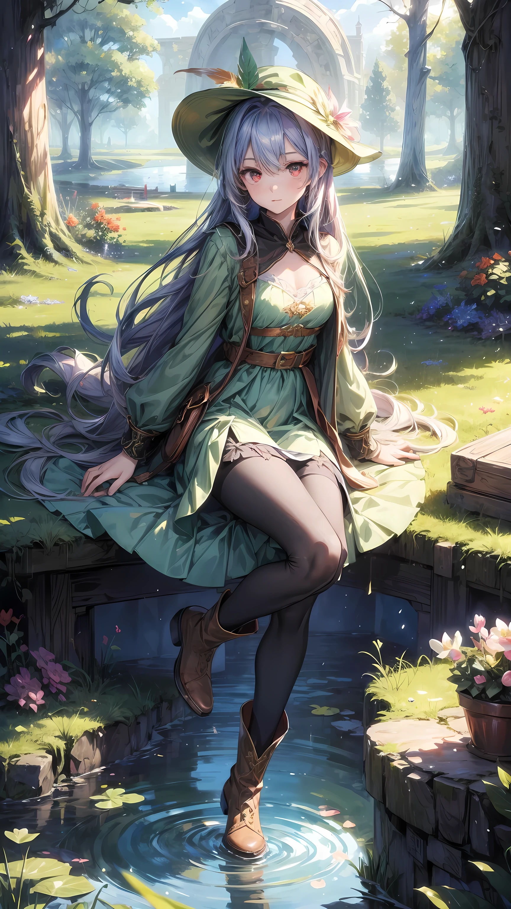 best quality, (masterpiece:1.2), illustration, absurd,  (1 Girl, Solitary), (Beautiful and delicate girl),, Aeolia, Lilac hair, long hair, Red Eyes, Medium breasts,, hapiness, hapiness,, Green Hat, Hat with feather decoration, Green Dress, Green coat, (fantasy:1.1) (middle Ages:1.1) full outfit, (Black_Pantyhose:1.1), White shirt, Brown shorts, fleece lined boots, Brown boots,, Enchanted Forest, Flowers, Fairy Rings, Ancient ruins, Stone Relics, lake, Sky, cloud