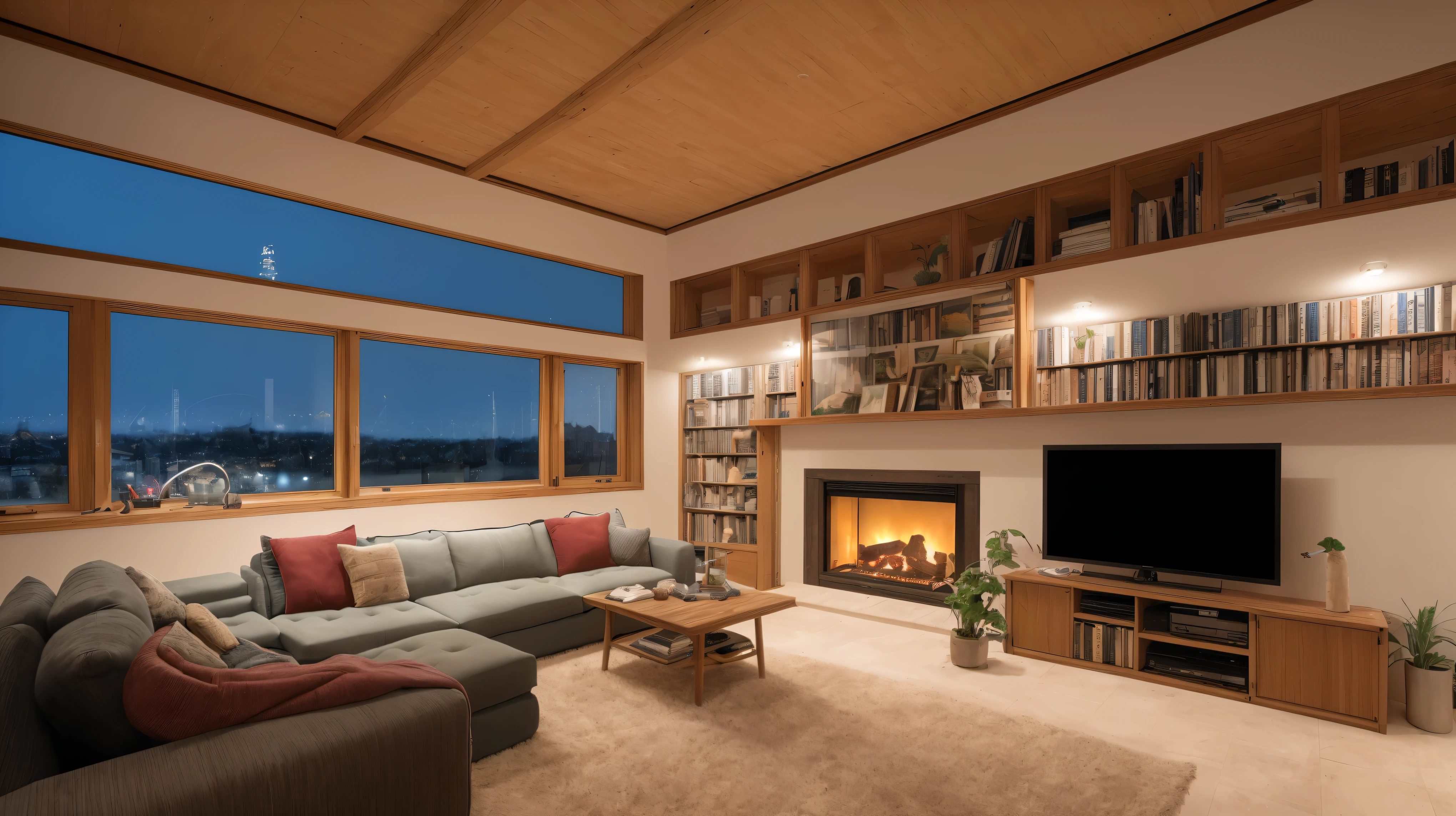 Highly detailed photos by Fernando Guerra,Wide-angle,Sharp focus,4K,8k,12k,RAW Photos,Sony α7siii,17mm,masterpiece,Award-winning architecture photography,Art Station,Intricate details,Accurate, break (interior:1.5),Inspired by Frank Lloyd Wright,(Cozy living room:1.5),Billion Dollar House,cozy and inviting interior,Well-equipped,Hundreds of books,Bookshelf,plant,scientific instruments,Spotless,ambient interior lighting,Comfortable design,Large windows,Dystopian city view,Natural light, break futuristic dystopian city exterior,(night:1.5),There is a large TV set,Large fireplace,