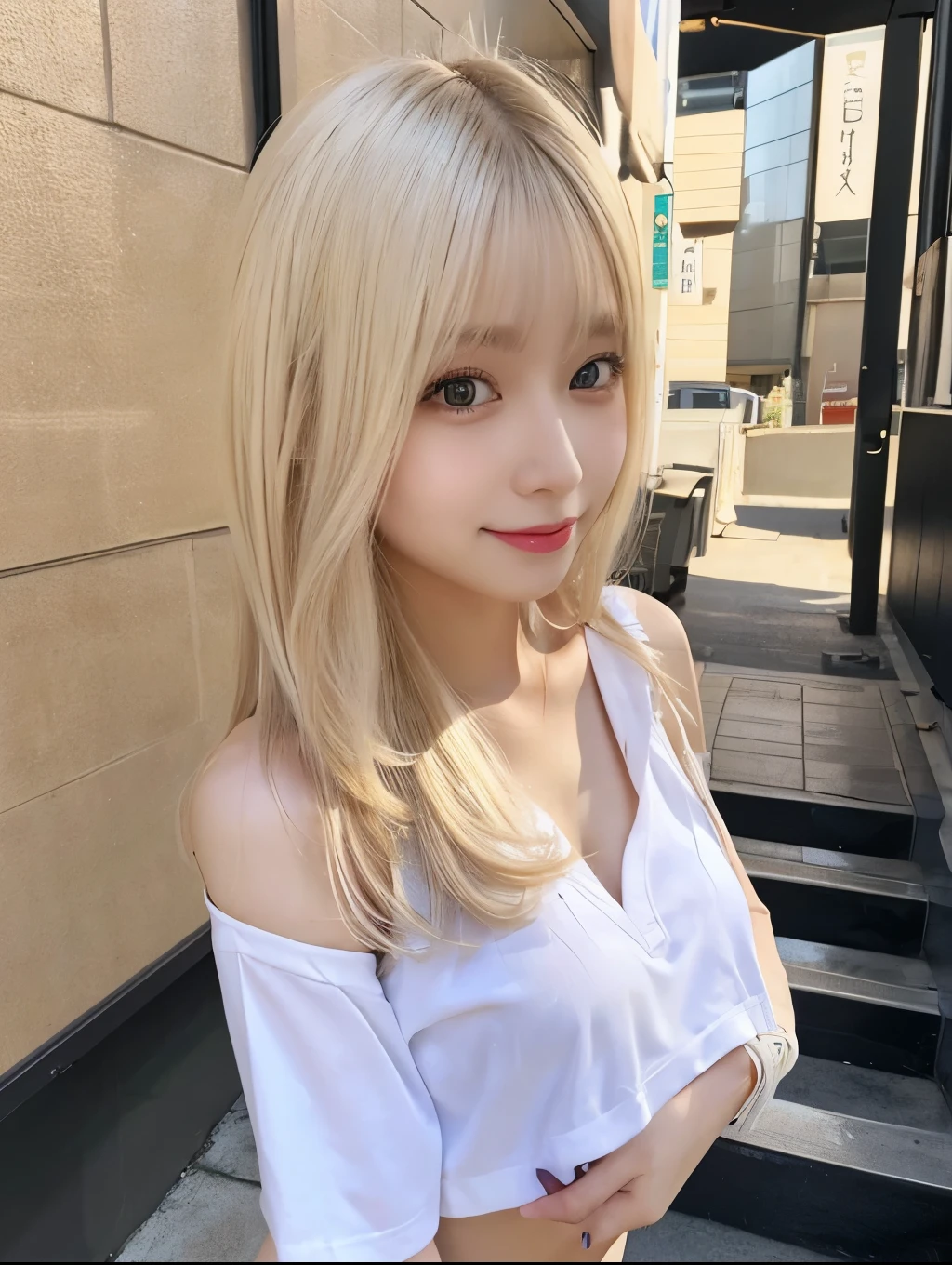 ( Masterpiece, highest quality), 98k, ((Perfect Anatomy:1.3)),Beautiful Japanese Women, Succubus,alone, 18-year-old, Small face,Cute face:1.2,Smiling, Larger breasts, ,Beautifully detailed round eyes, Evenly spaced eyes 1.2, Long platinum blonde hair,Random Hair, (Highly detailed face and skin texture), Beautiful face in golden proportions,White skin,Accentuate your beautiful legs,(Revealing student uniforms:1.2),Random sexy poses, Sunny day,（Standing like a model:1.3）
