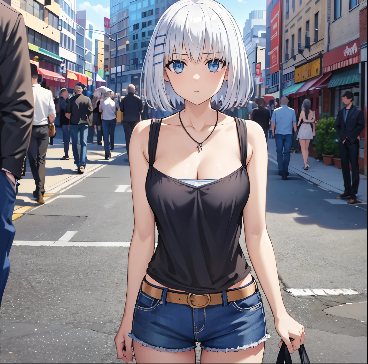 1 girl, alone, origami tobiichi, short hair, blue eyes, hair ornament, ribbon, bare shoulders, jewelry, white hair, casual clothing, black blouse, tight blouse, neckline, hair clip, necklace, sleeveless, necklace between breasts, jean shorts, short shorts, bare legs, black shoes, standing, outdoors, sky, blue sky, clouds, sun, city, buildings, crowd, people, looking at viewer, head-on, focus on la on breasts,pov(from above),big breasts,medium waist,wide hips,medium thighs,round butt, 1girl,solo(cowboy photo:1.5),(masterpiece:1.2),best quality,high resolution,wallpaper Unity 8k, (artwork:0.8), (beautiful detailed eyes:1.6), extremely detailed face, perfect lighting, extremely detailed CG (perfect hands, perfect anatomy),