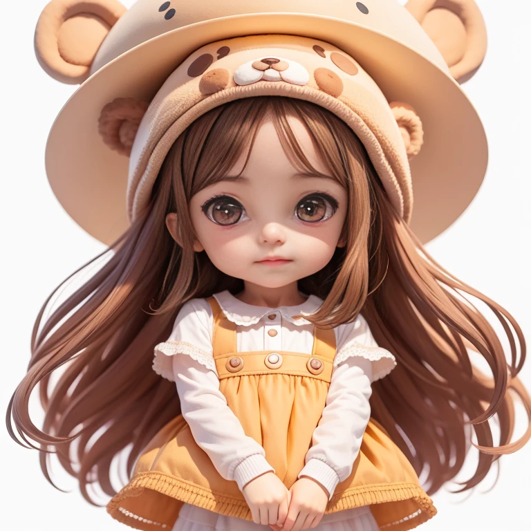 Imaginary friend of curious girl, Cute girl 6 years old, bear hat, brown long hair, brown eyes, Children's stories, White background, Various expressions